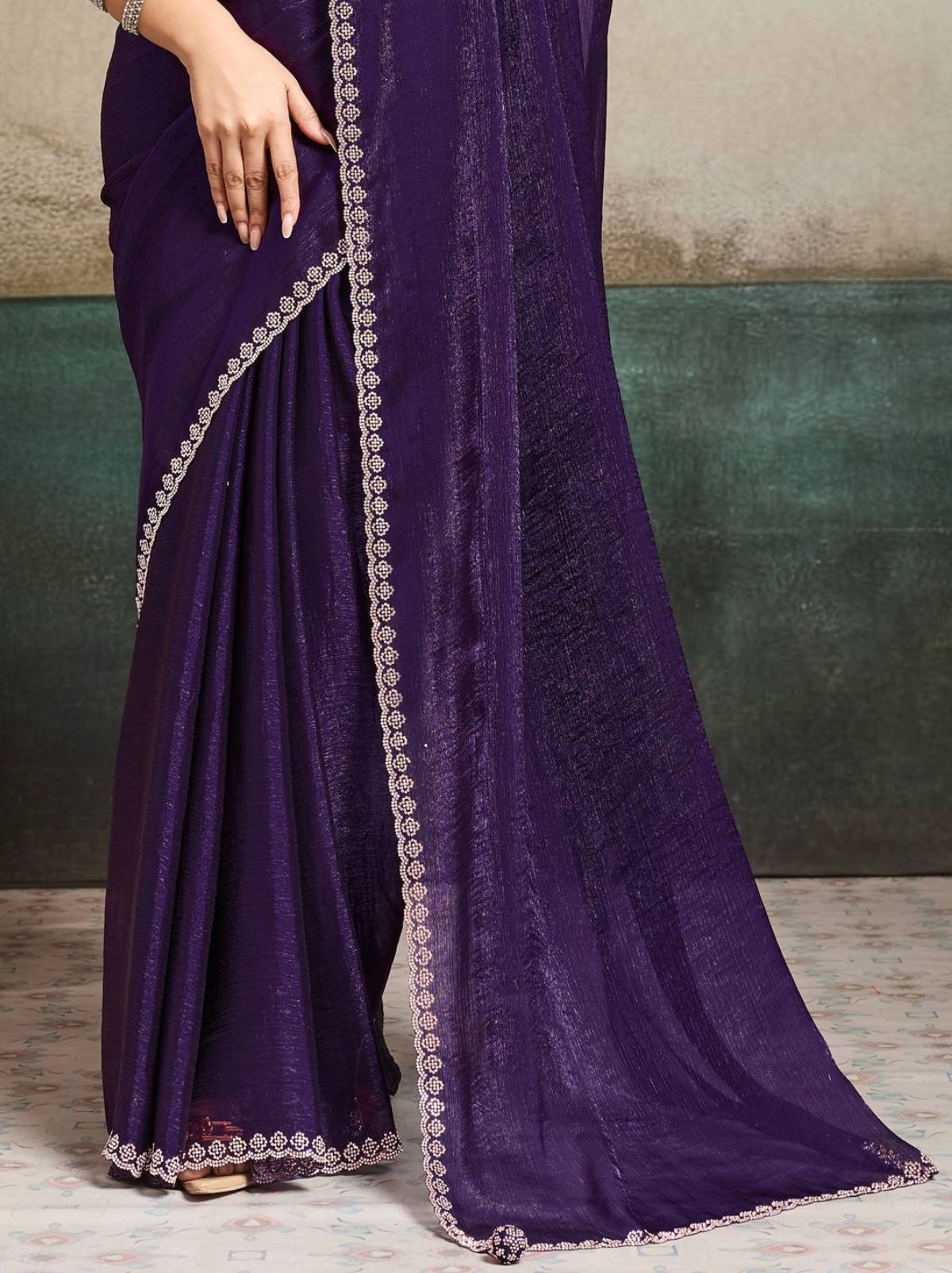 Midnight Purple Fancy Chiffon Silk Saree with Zircon Work