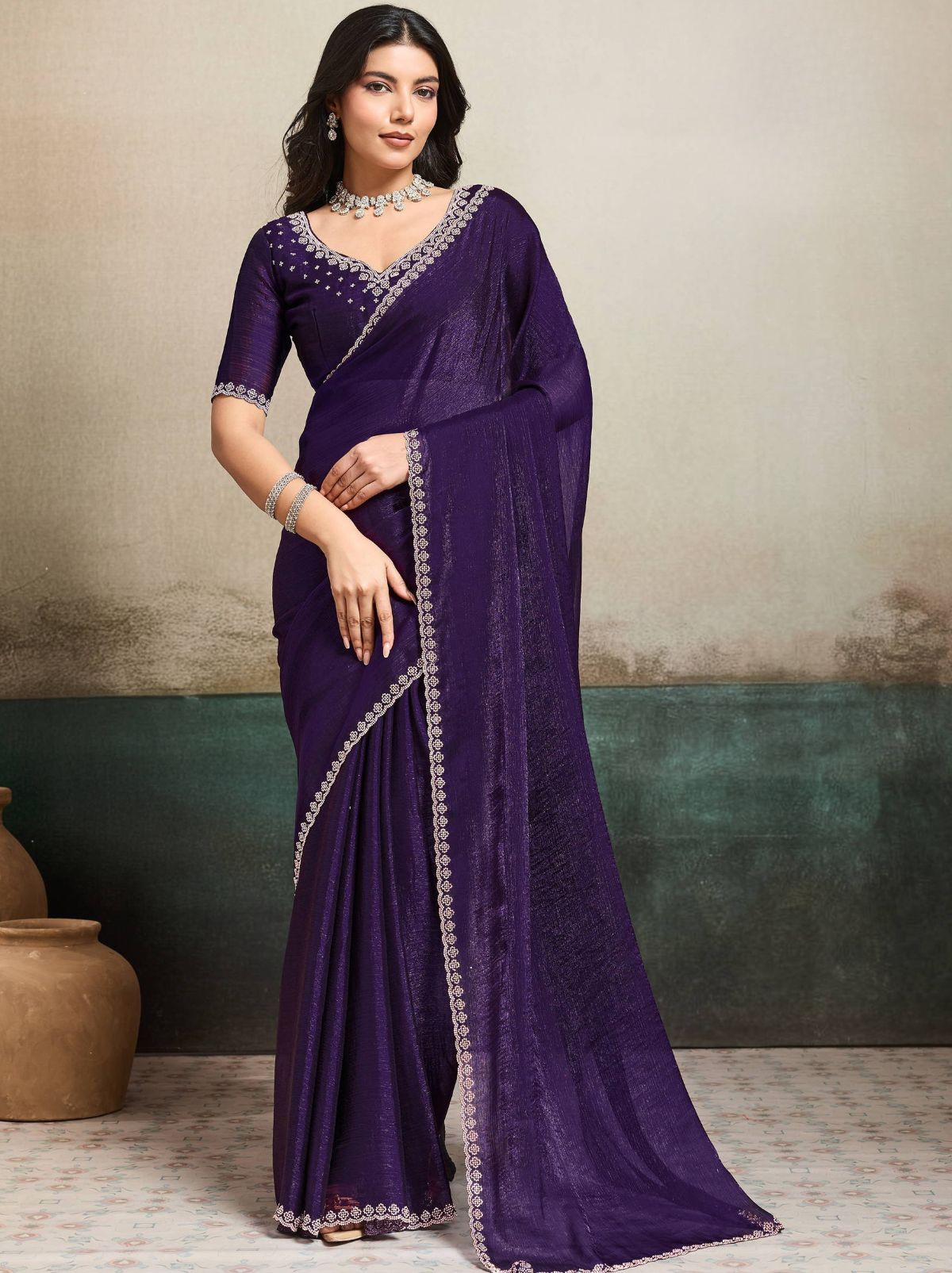 Midnight Purple Fancy Chiffon Silk Saree with Zircon Work