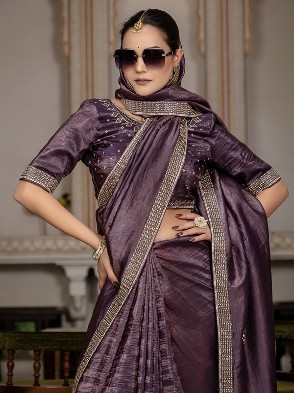 Eggplant Violet Premium Crush Silk Saree Embellished With Zircon Work