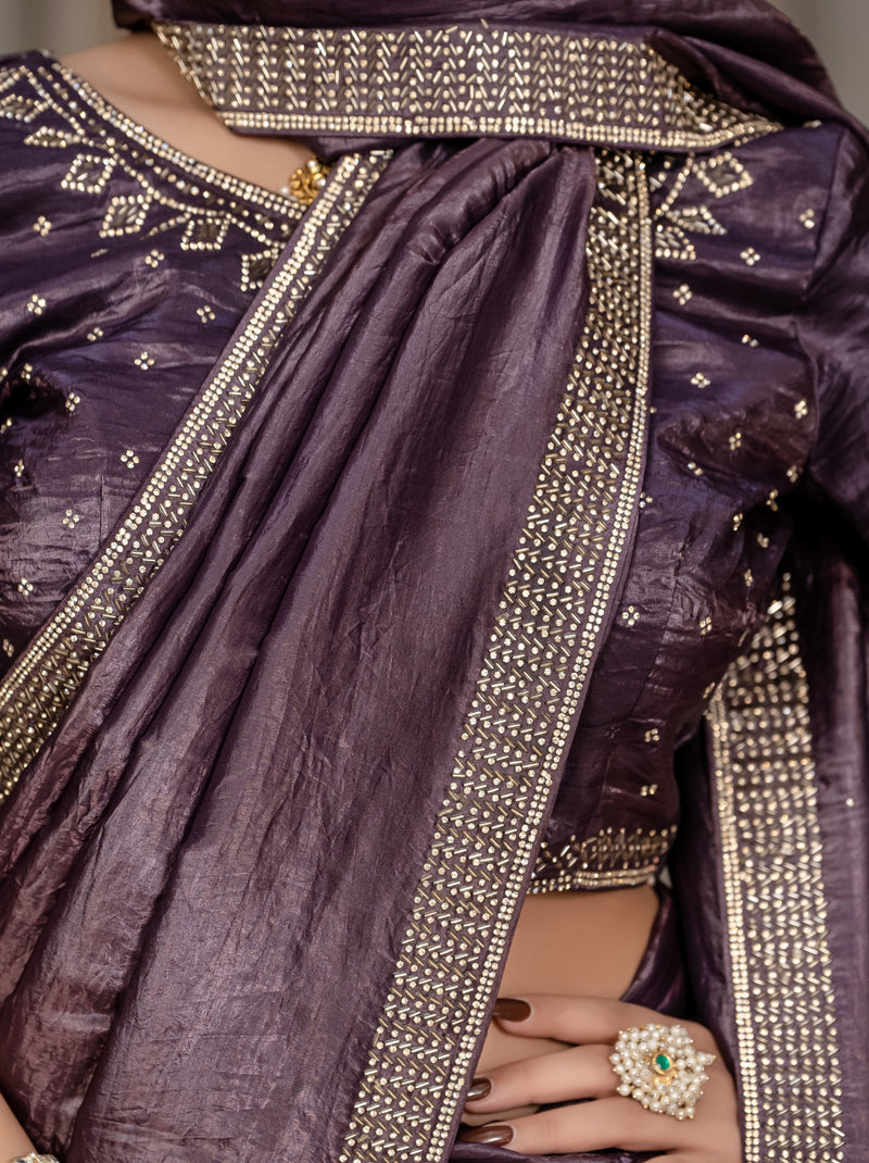 Eggplant Violet Premium Crush Silk Saree Embellished With Zircon Work