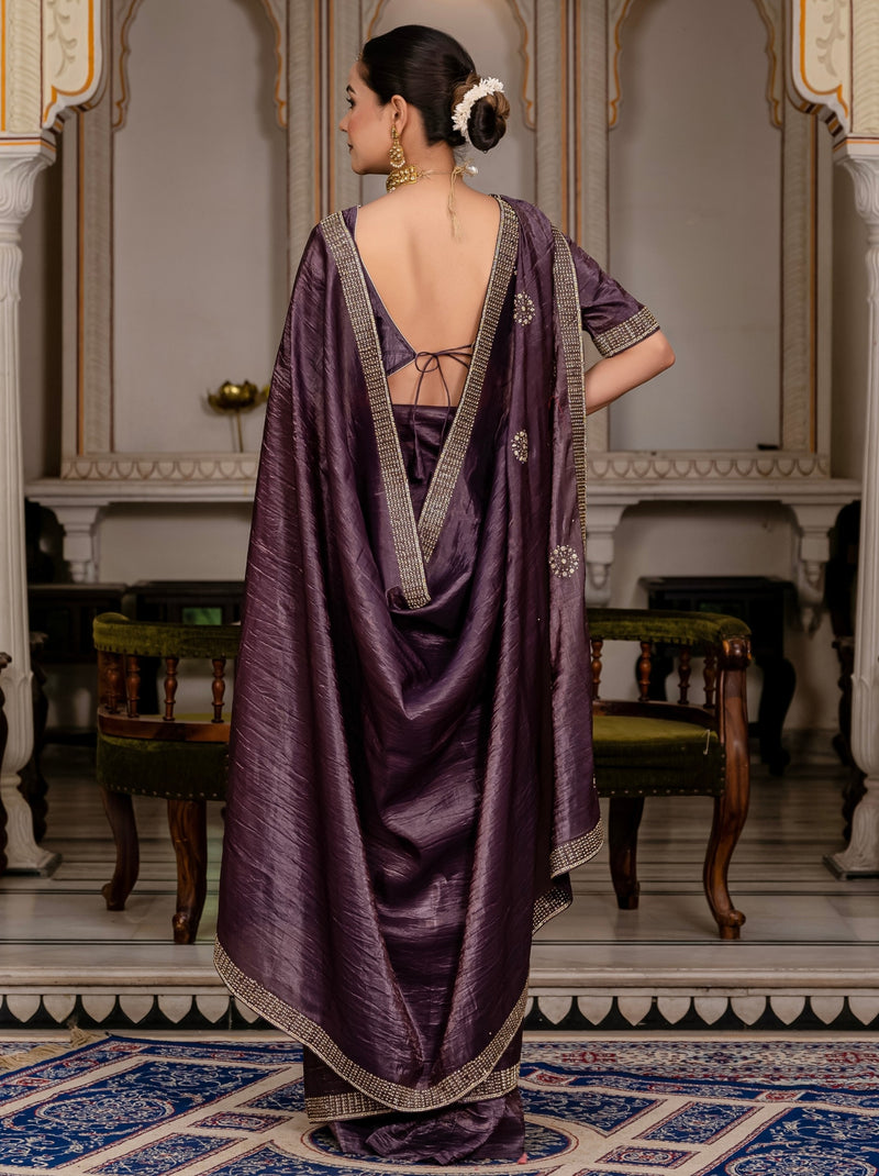 Eggplant Violet Premium Crush Silk Saree Embellished With Zircon Work