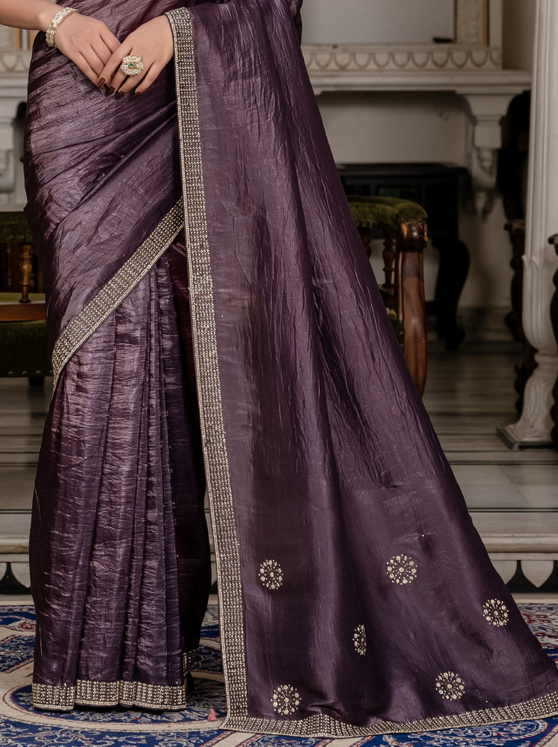 Eggplant Violet Premium Crush Silk Saree Embellished With Zircon Work