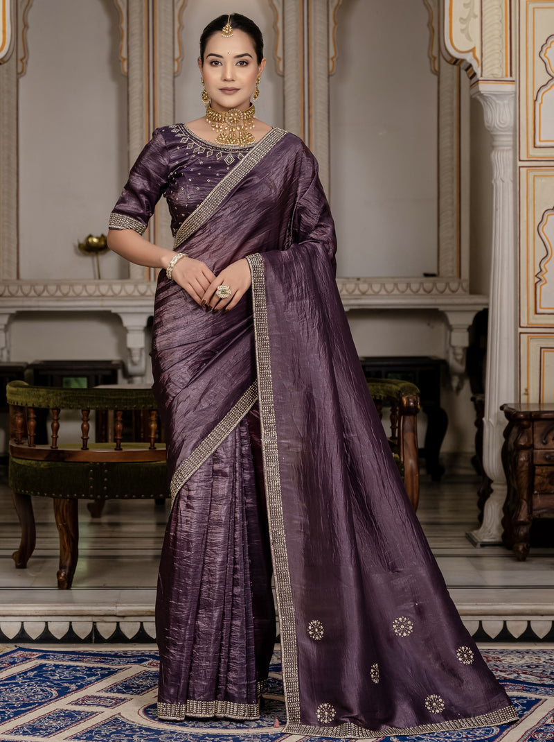 Eggplant Violet Premium Crush Silk Saree Embellished With Zircon Work
