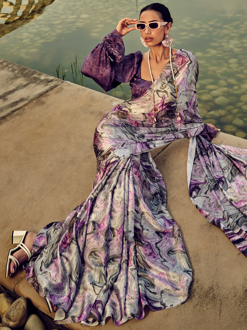Amethyst Violet Marbled Pattern Digital Satin Crepe Saree