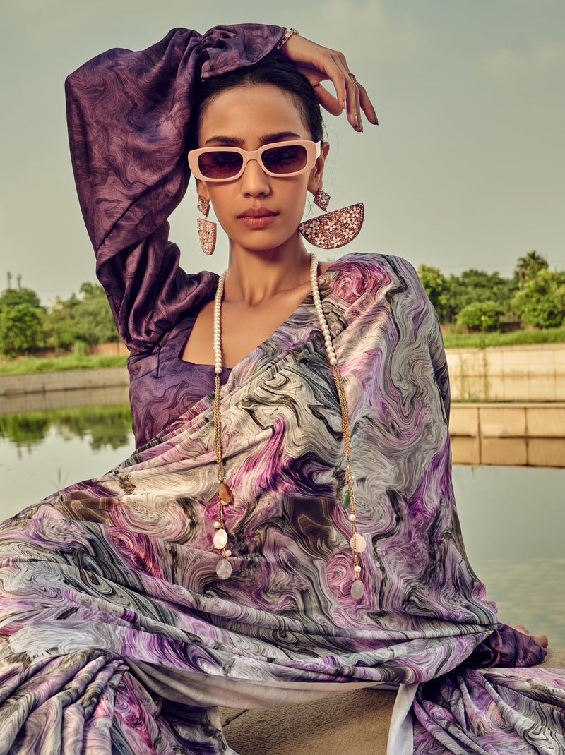 Amethyst Violet Marbled Pattern Digital Satin Crepe Saree