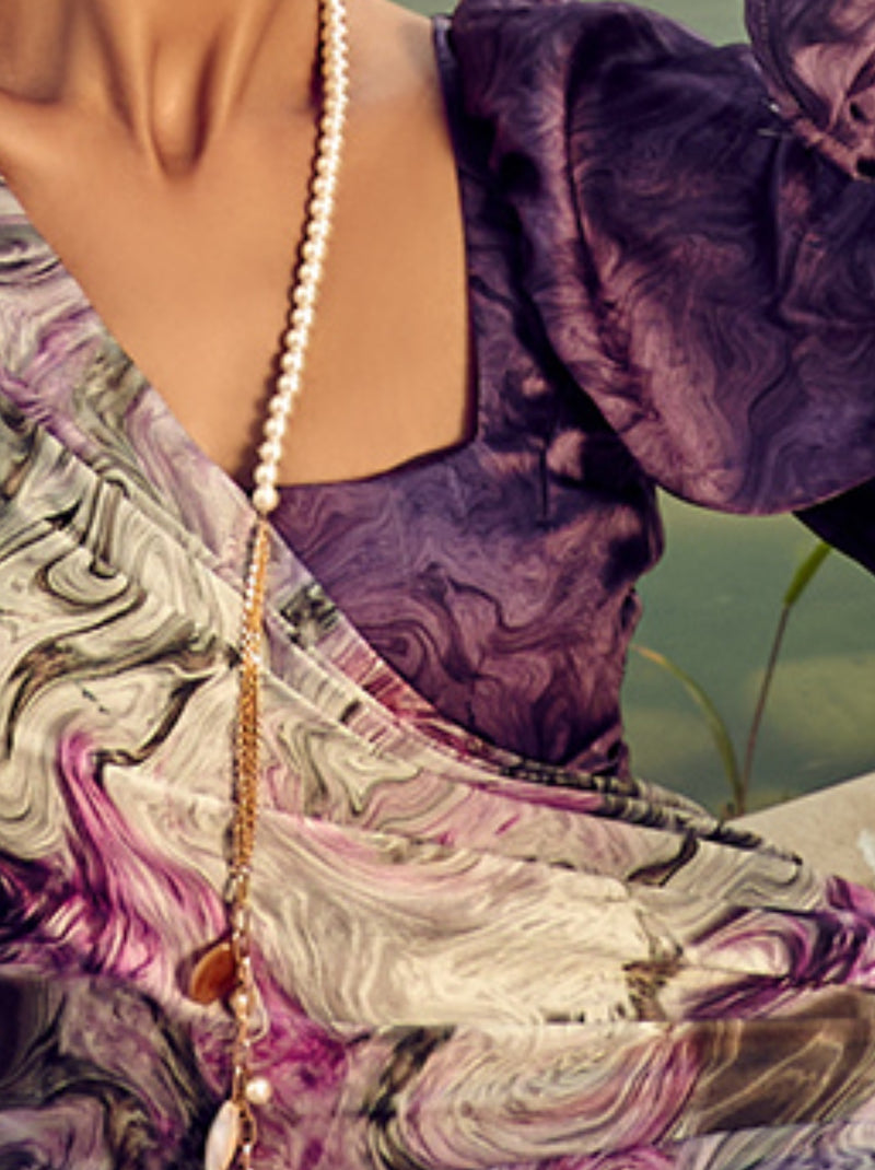 Amethyst Violet Marbled Pattern Digital Satin Crepe Saree