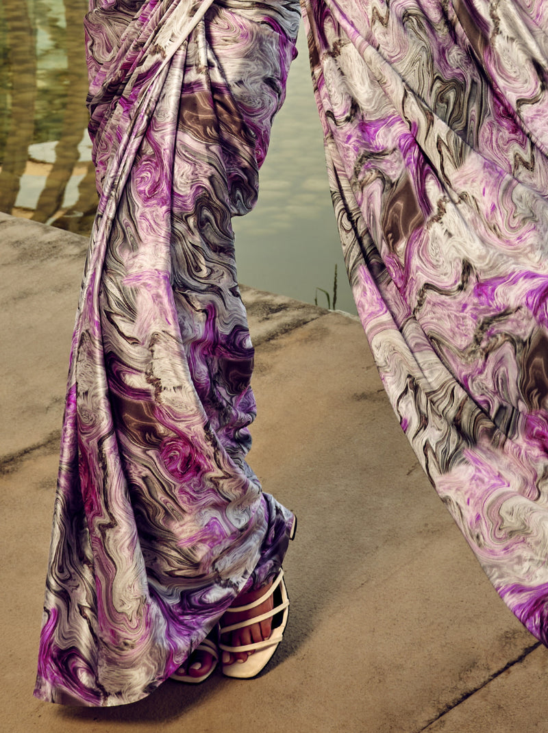 Amethyst Violet Marbled Pattern Digital Satin Crepe Saree