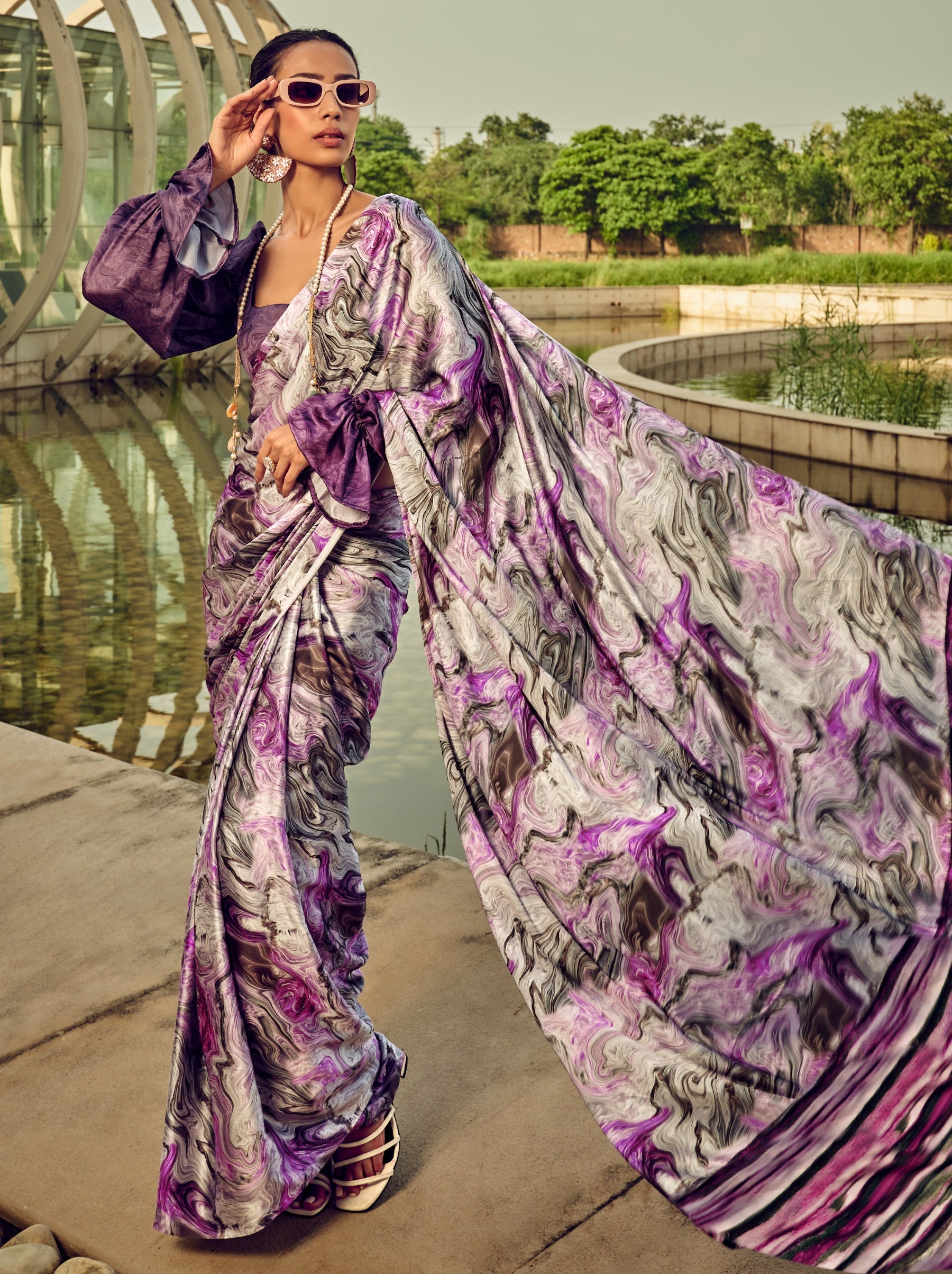 Amethyst Violet Marbled Pattern Digital Satin Crepe Saree