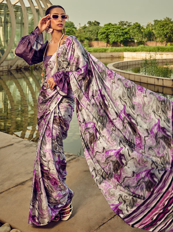 Amethyst Violet Marbled Pattern Digital Satin Crepe Saree