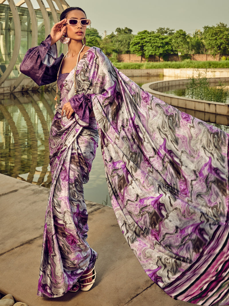 Amethyst Violet Marbled Pattern Digital Satin Crepe Saree