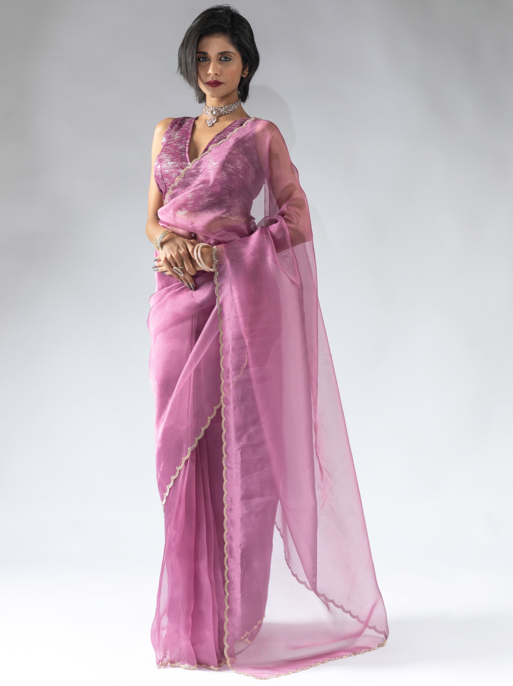 Helio Violet Fancy Ready to Wear Organza Saree With Stone Work Border