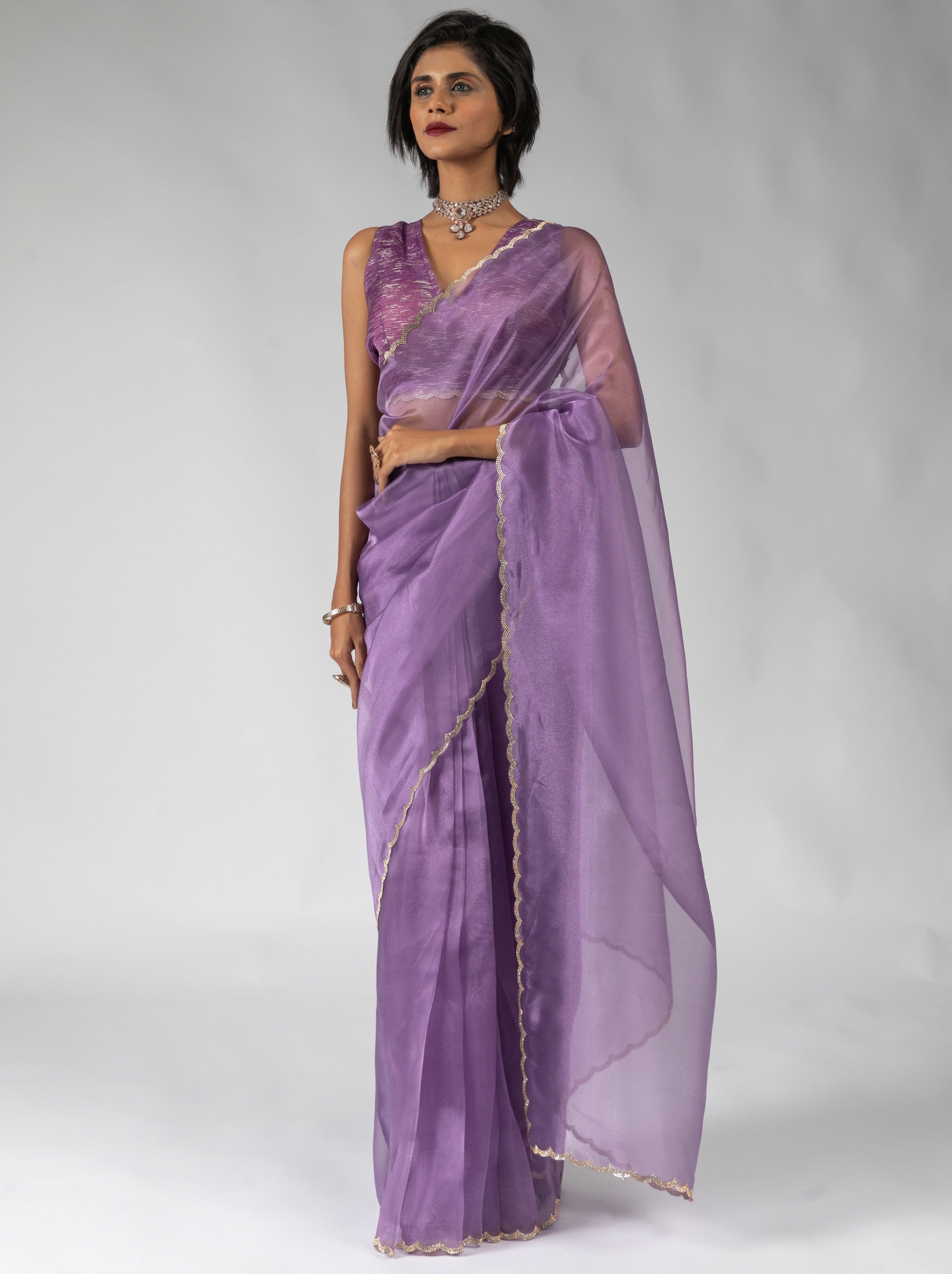 Orchid Violet Fancy Ready to Wear Organza Saree With Stone Work Border