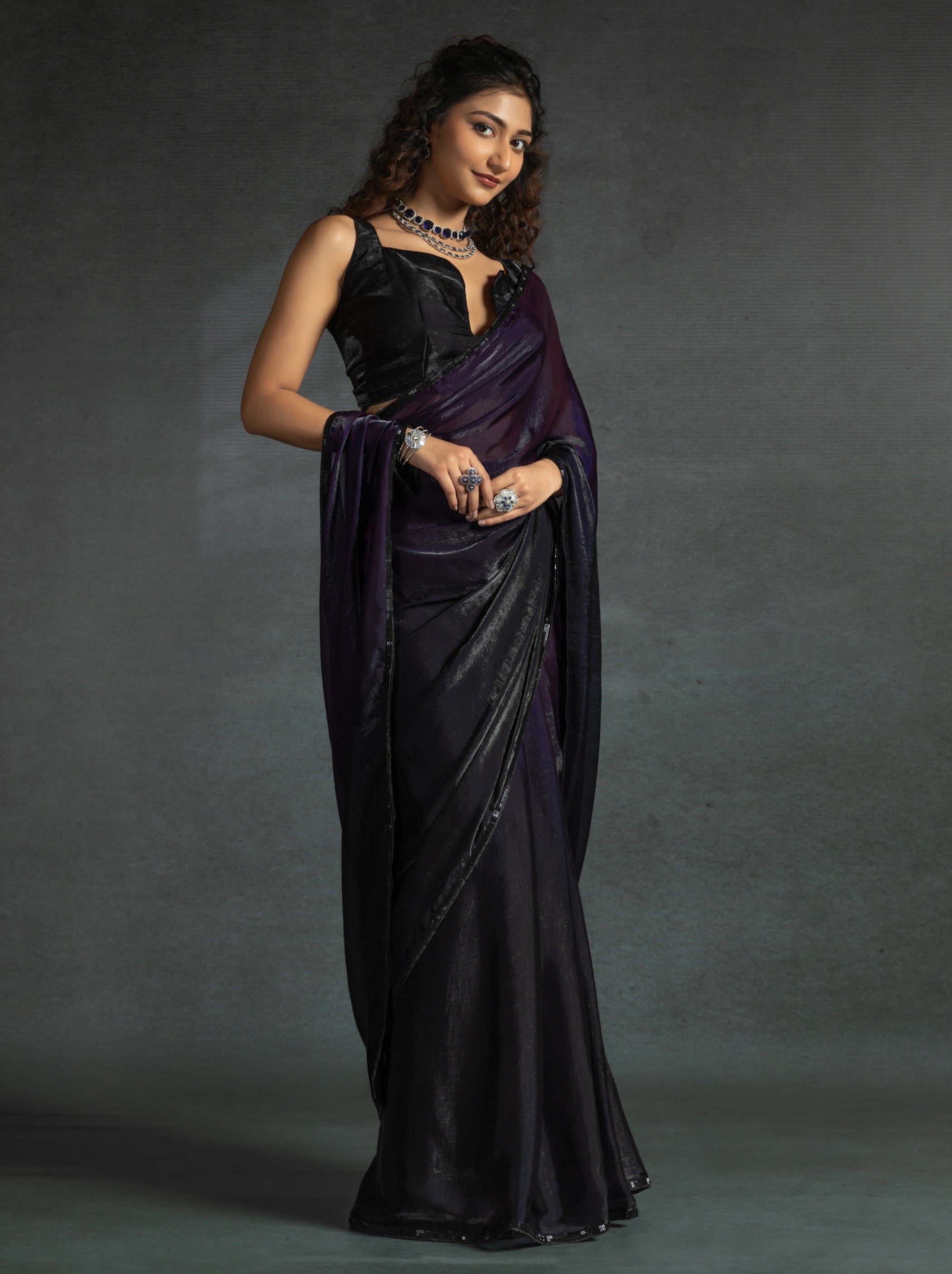 Eggplant Violet Fancy Ready to Wear Saree With Stone Work Border