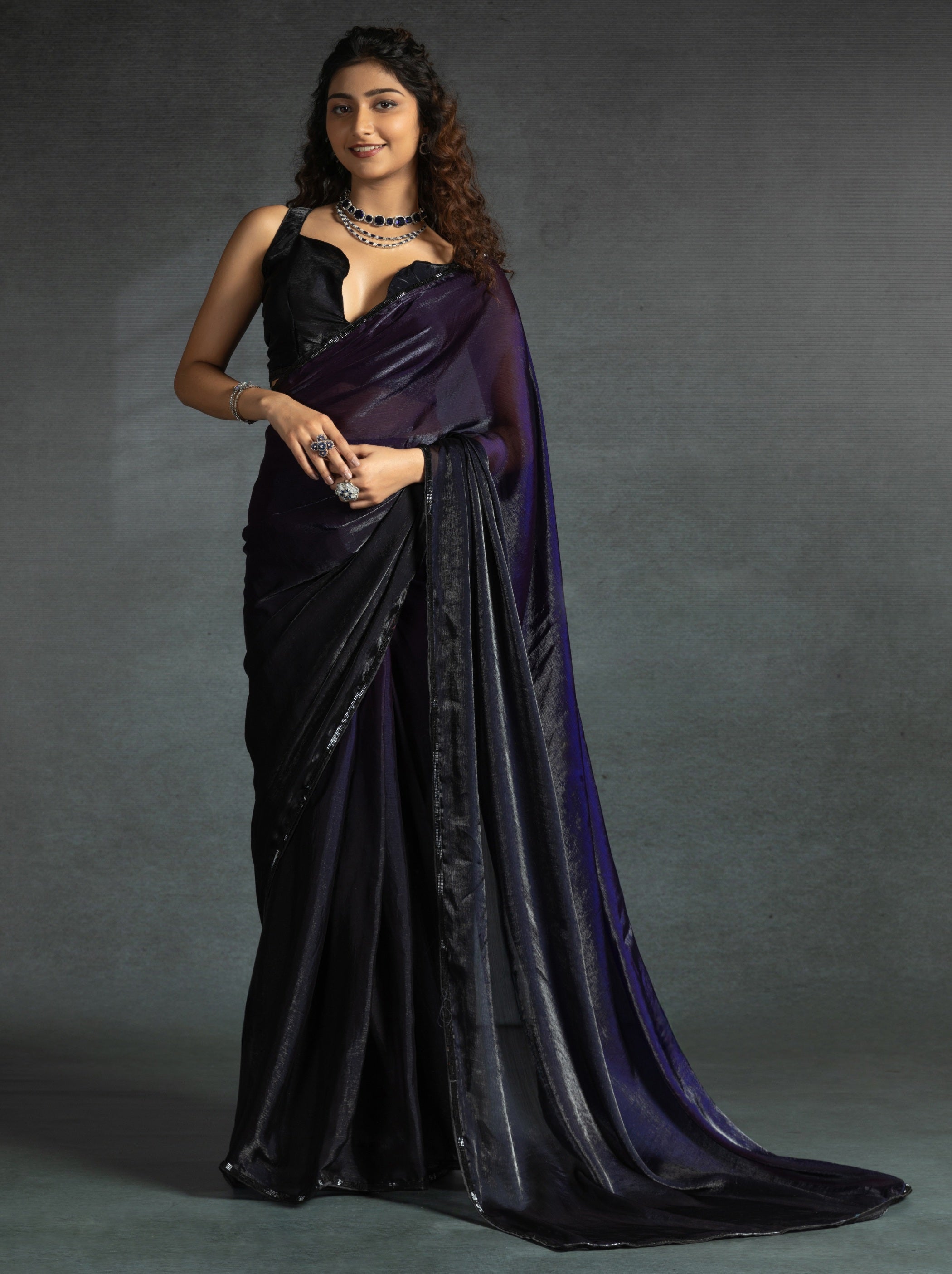 Eggplant Violet Fancy Ready to Wear Saree With Stone Work Border