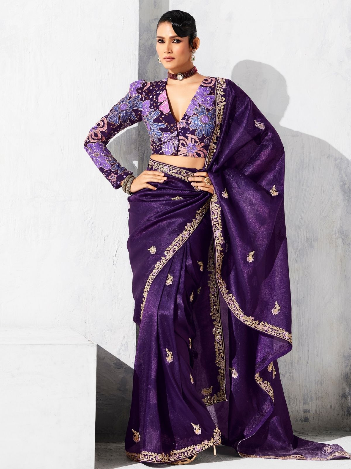 Eggplant Purple Fancy Silk Saree with Beautiful Blouse Piece