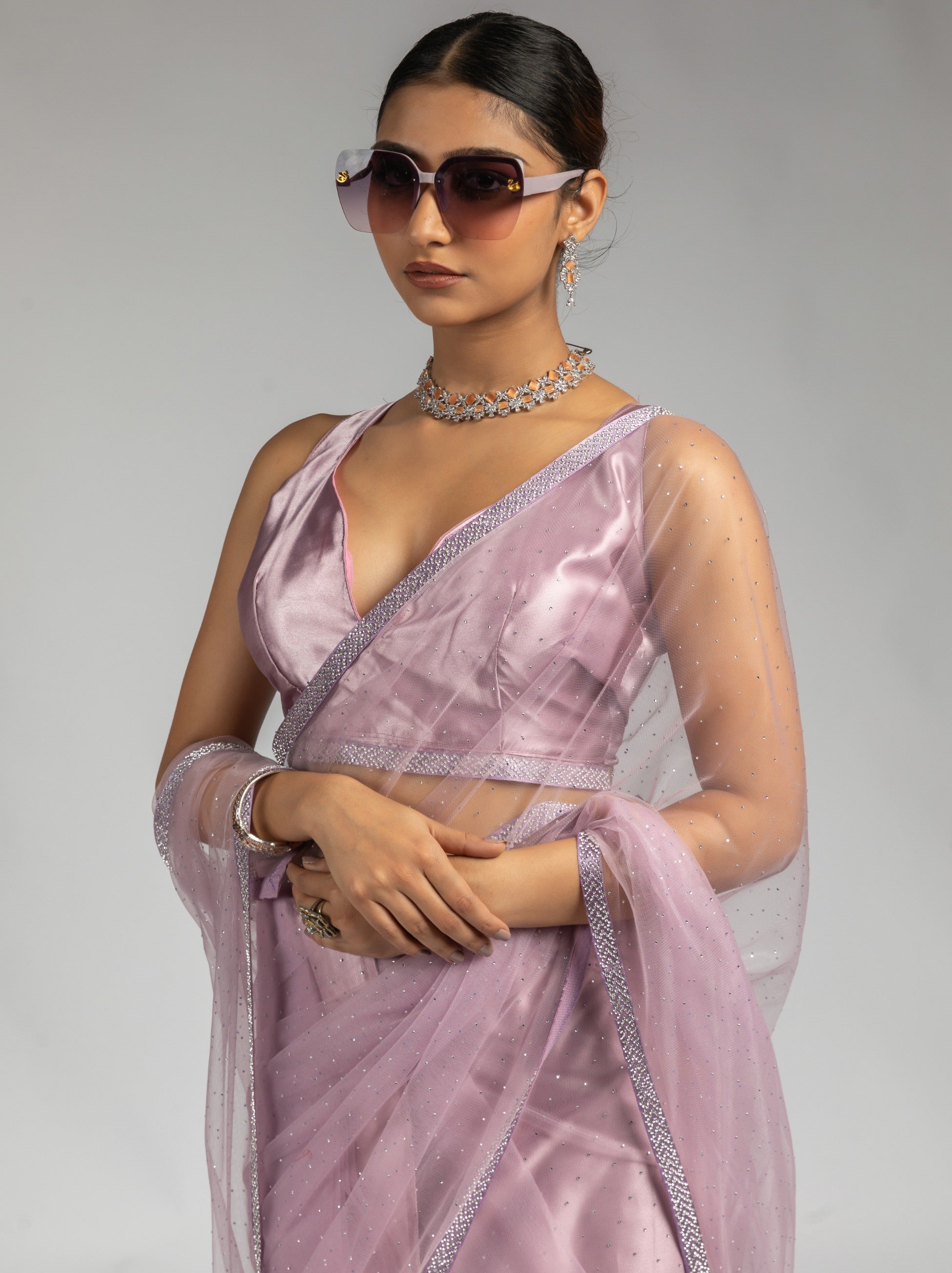 Helio Violet Net Designer Ready to Wear Saree With Diamond Work - TrendOye