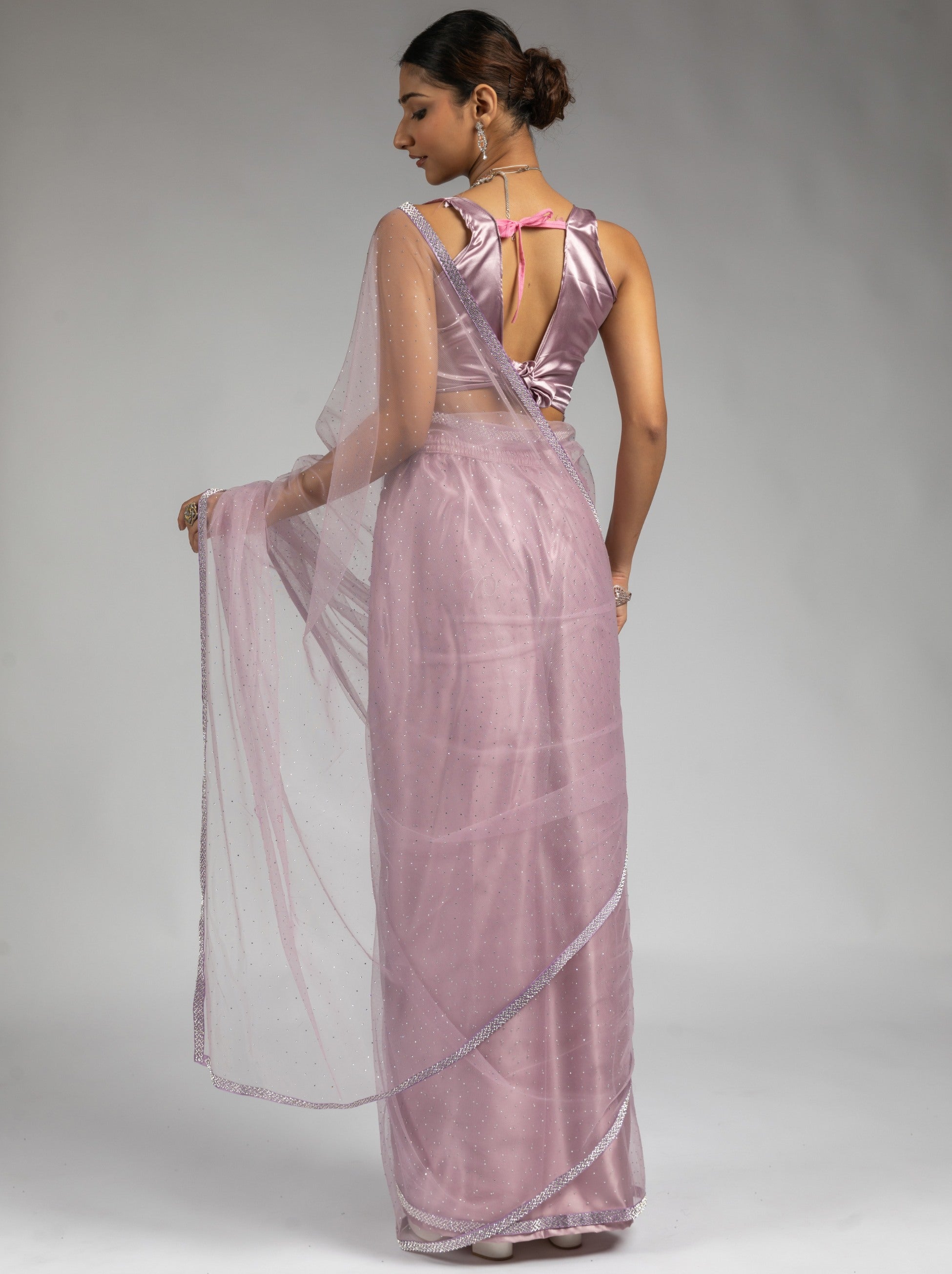 Helio Violet Net Designer Ready to Wear Saree With Diamond Work - TrendOye