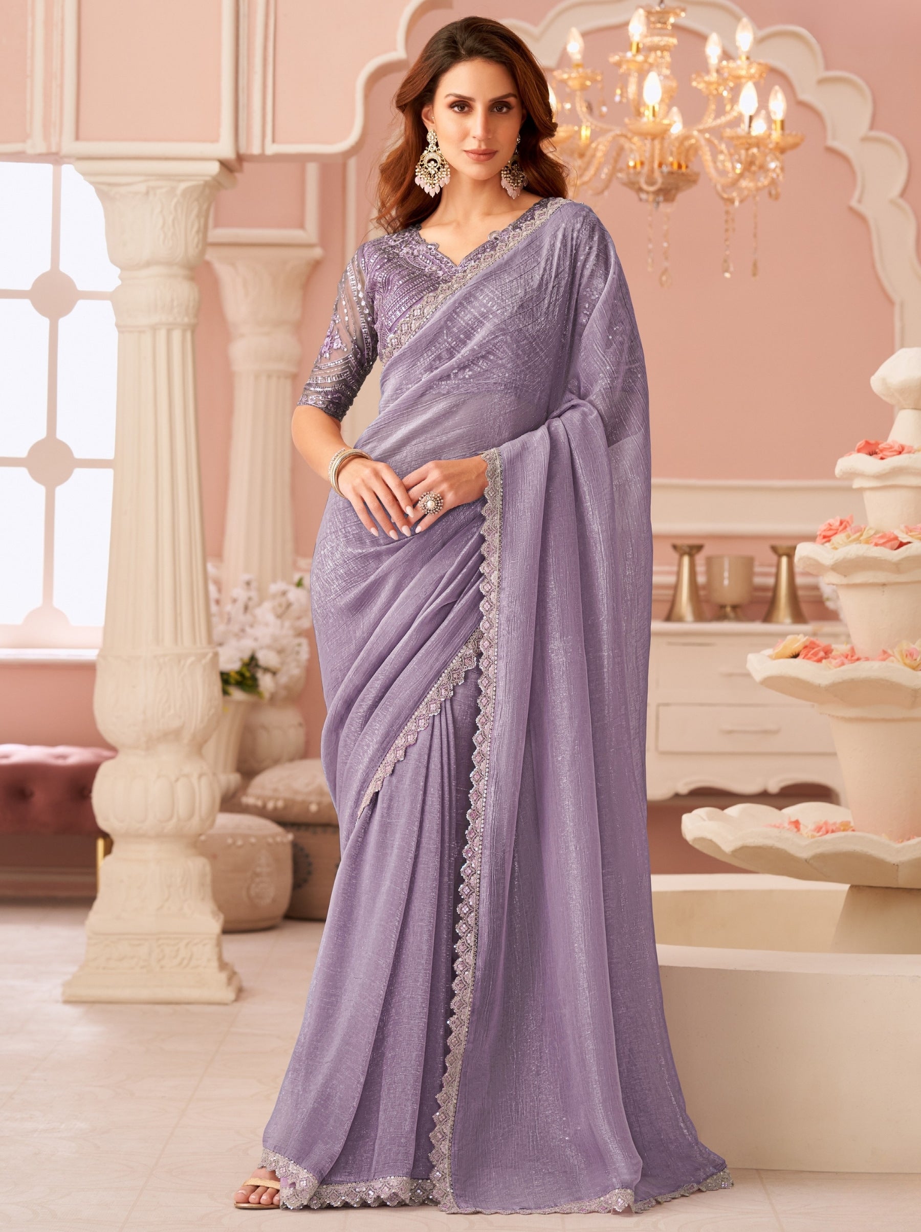 Lavender Purple Premium Designer Party Saree - TrendOye