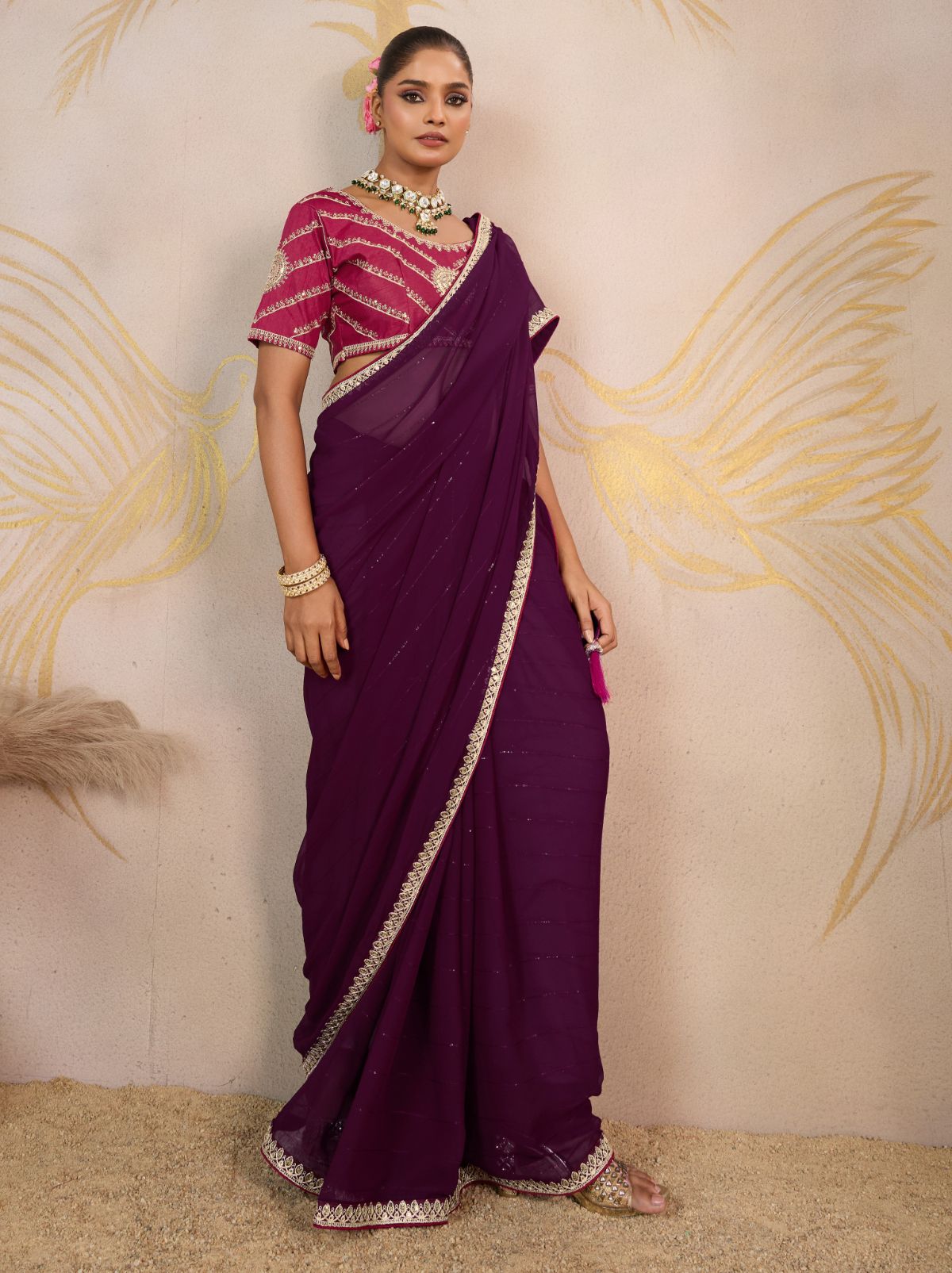 Byzantine Violet Georgette Silk Party Saree with Zari & Sequin Border