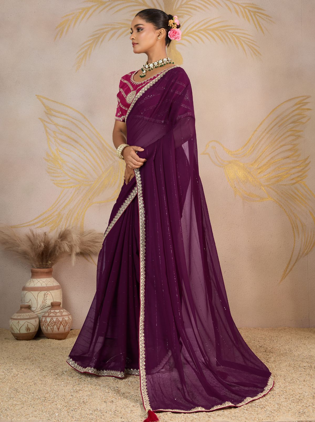 Byzantine Violet Georgette Silk Party Saree with Zari & Sequin Border