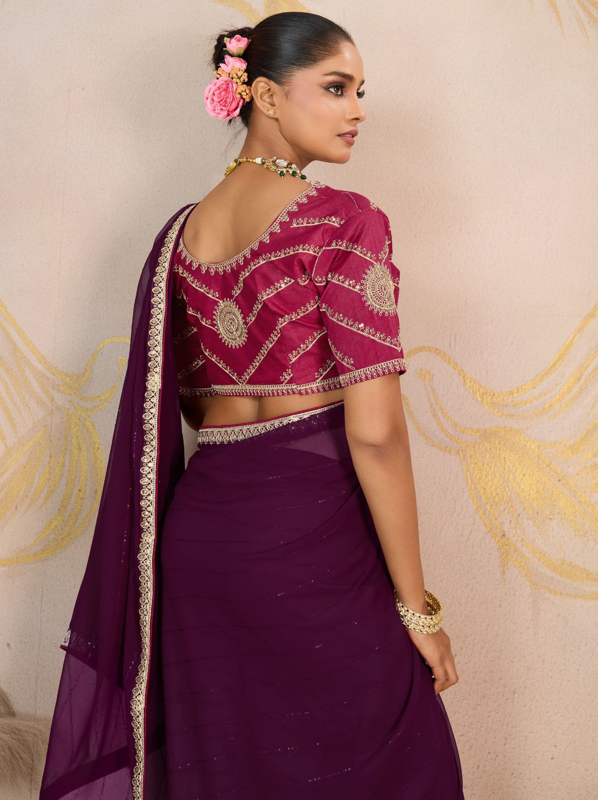 Byzantine Violet Georgette Silk Party Saree with Zari & Sequin Border