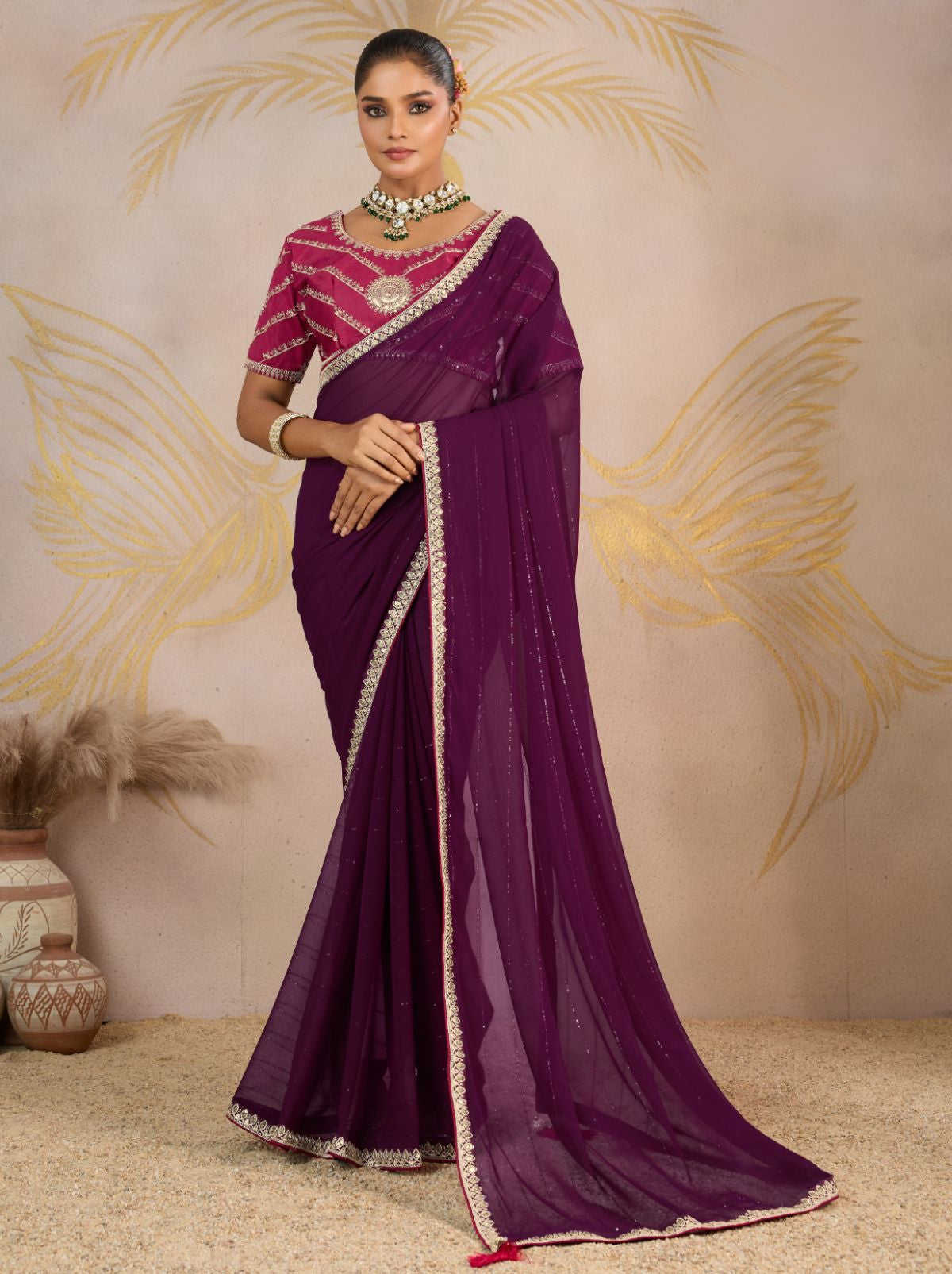 Byzantine Violet Georgette Silk Party Saree with Zari & Sequin Border