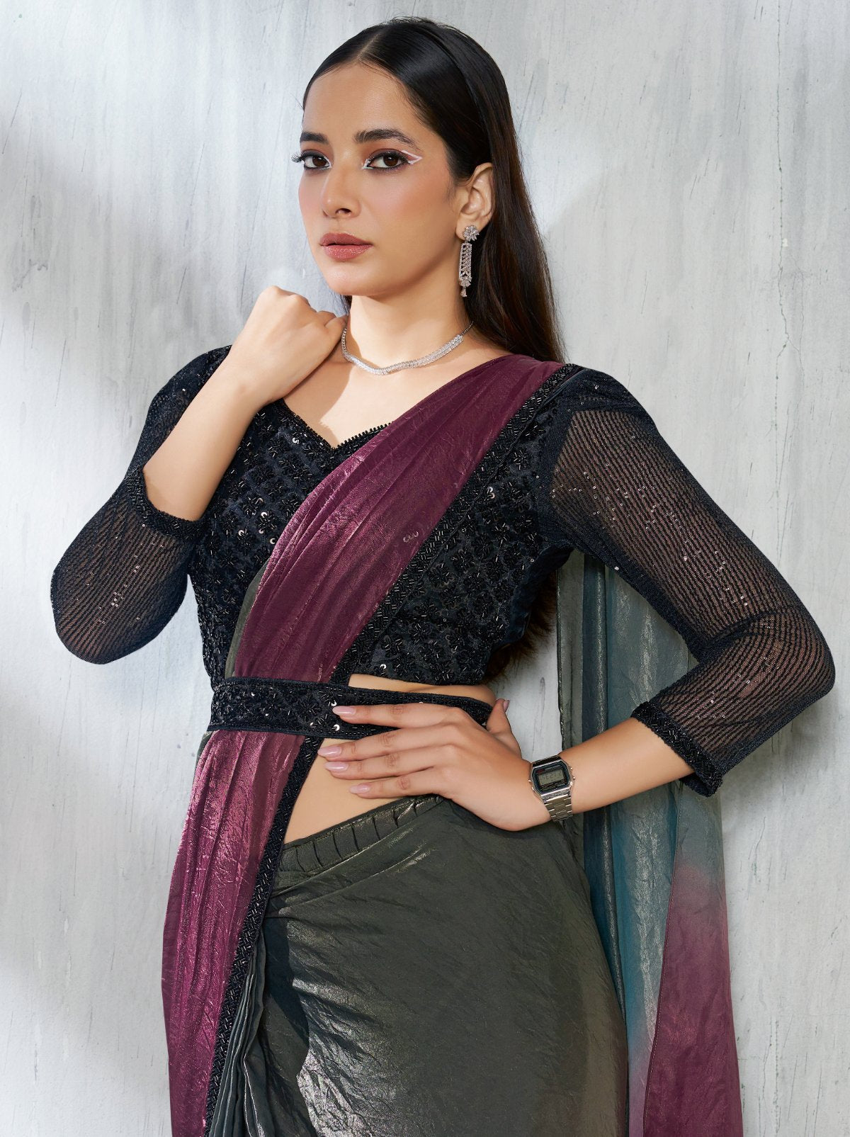 Purple-Grey Dual Tone Ready To Wear Satin Saree With Trendy Blouse