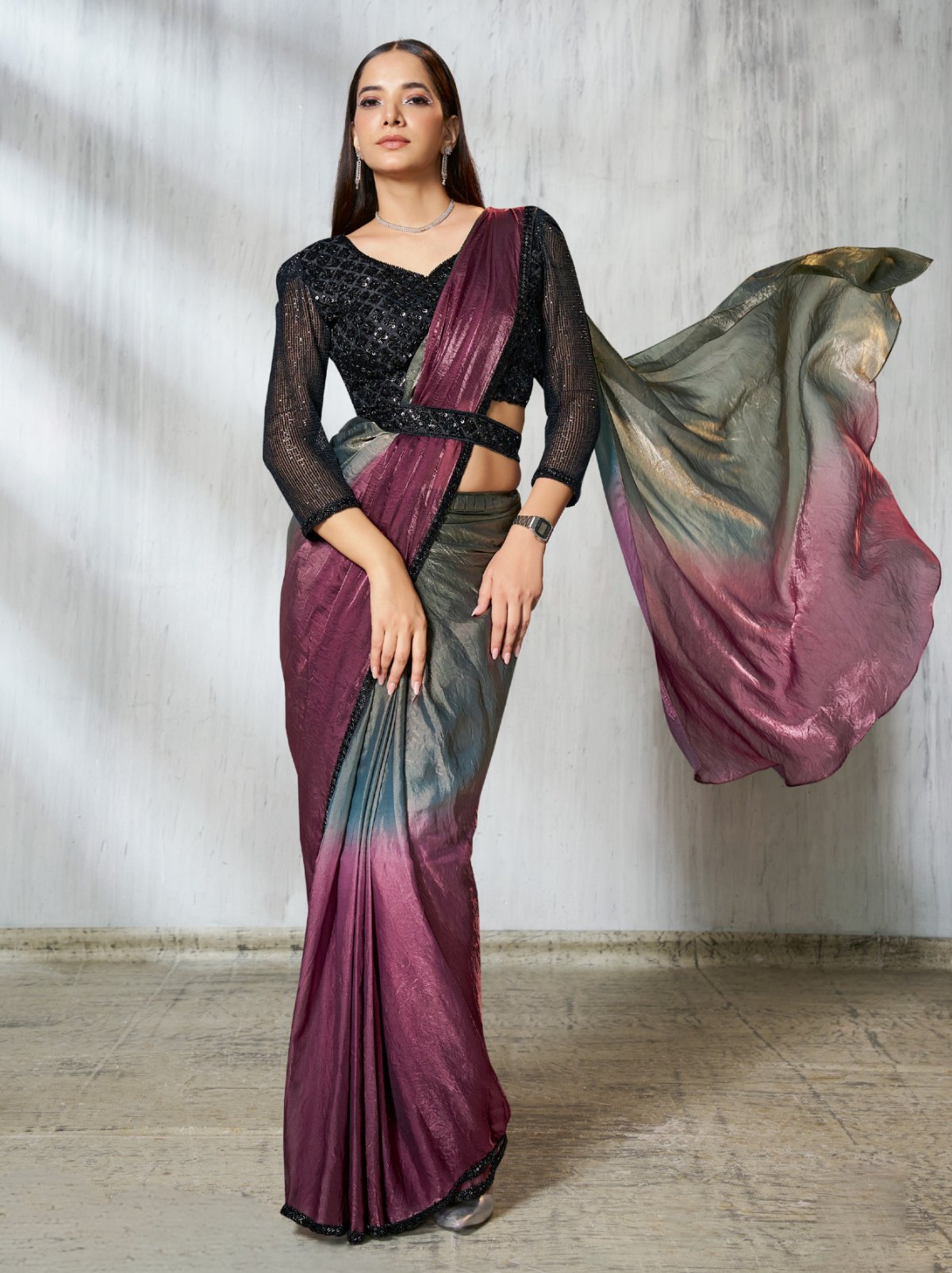 Purple-Grey Dual Tone Ready To Wear Satin Saree With Trendy Blouse