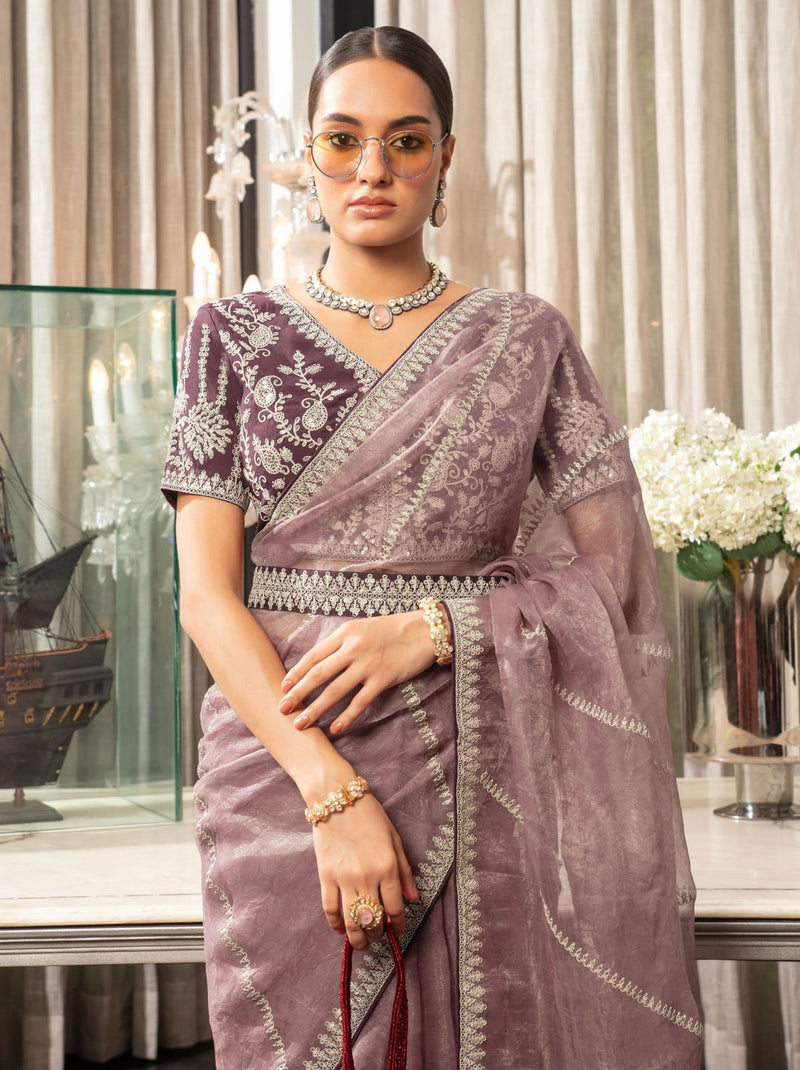 Heather-Violet Premium Organza Designer Saree