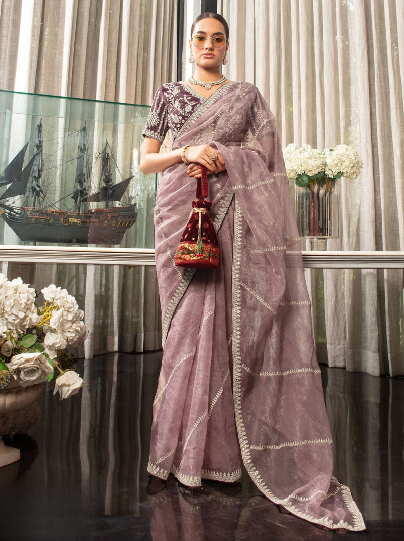 Heather-Violet Premium Organza Designer Saree - TrendOye