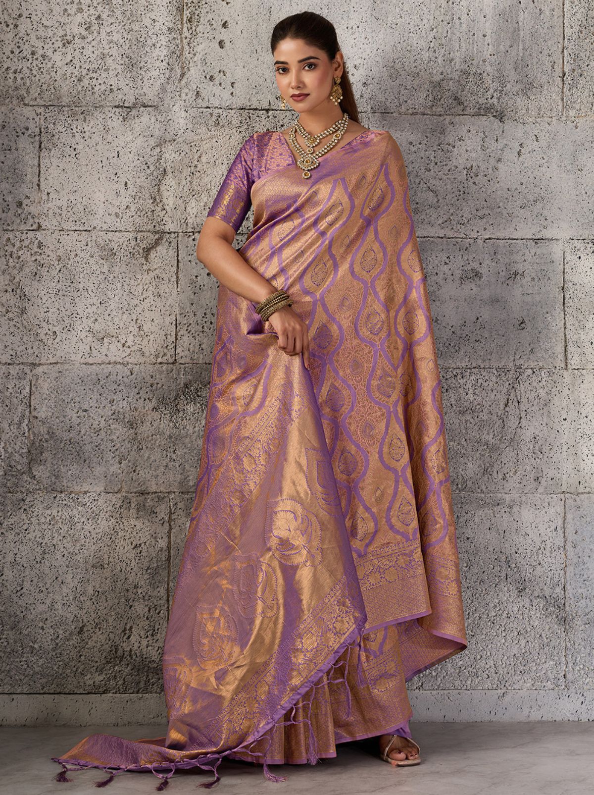 Plum Purple Kanjivaram Silk Saree With Intricate Gold Zari