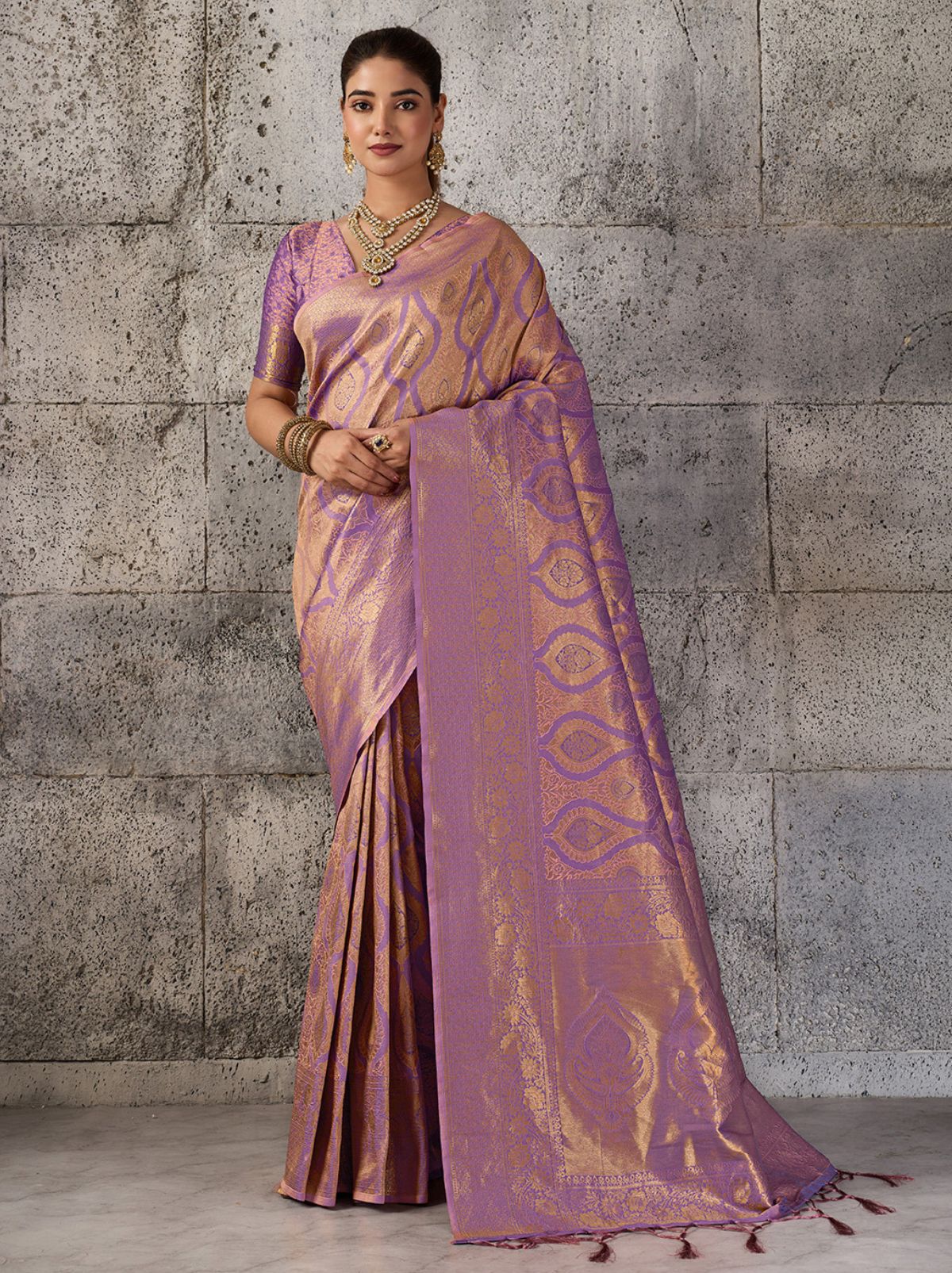 Plum Purple Kanjivaram Silk Saree With Intricate Gold Zari