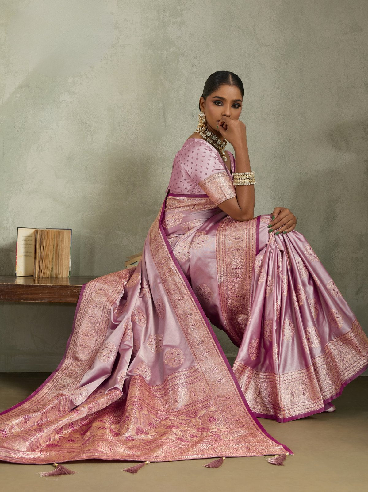 Lavender Purple Luxurious Satin Silk Saree With Blouse Piece