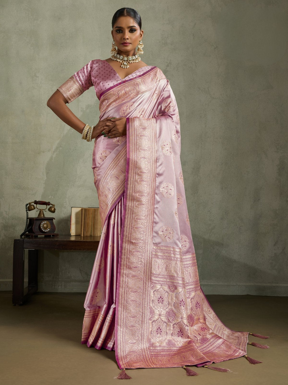 Lavender Purple Luxurious Satin Silk Saree With Blouse Piece