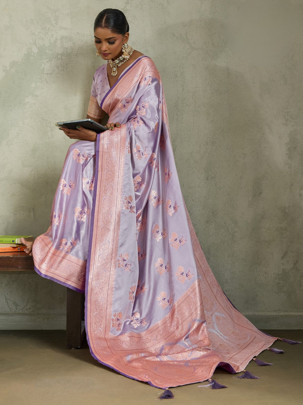 Floral Violet Luxurious Satin Silk Saree With Blouse Piece