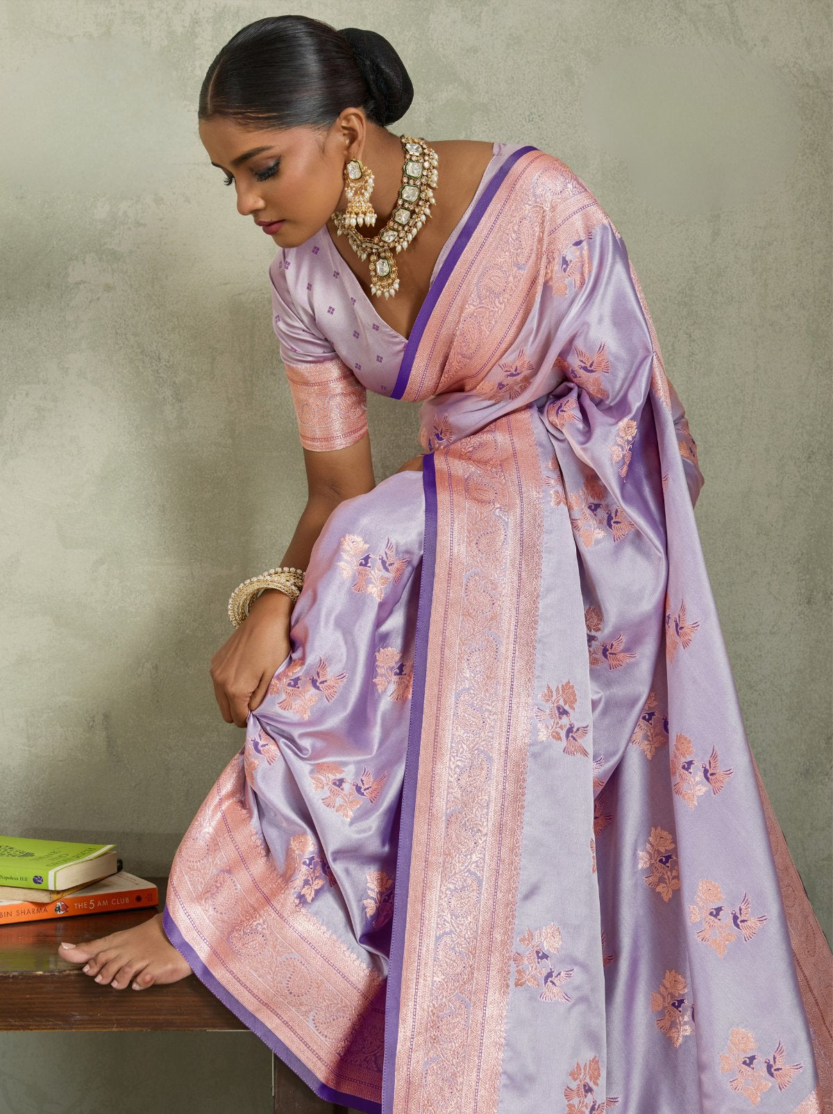 Floral Violet Luxurious Satin Silk Saree With Blouse Piece