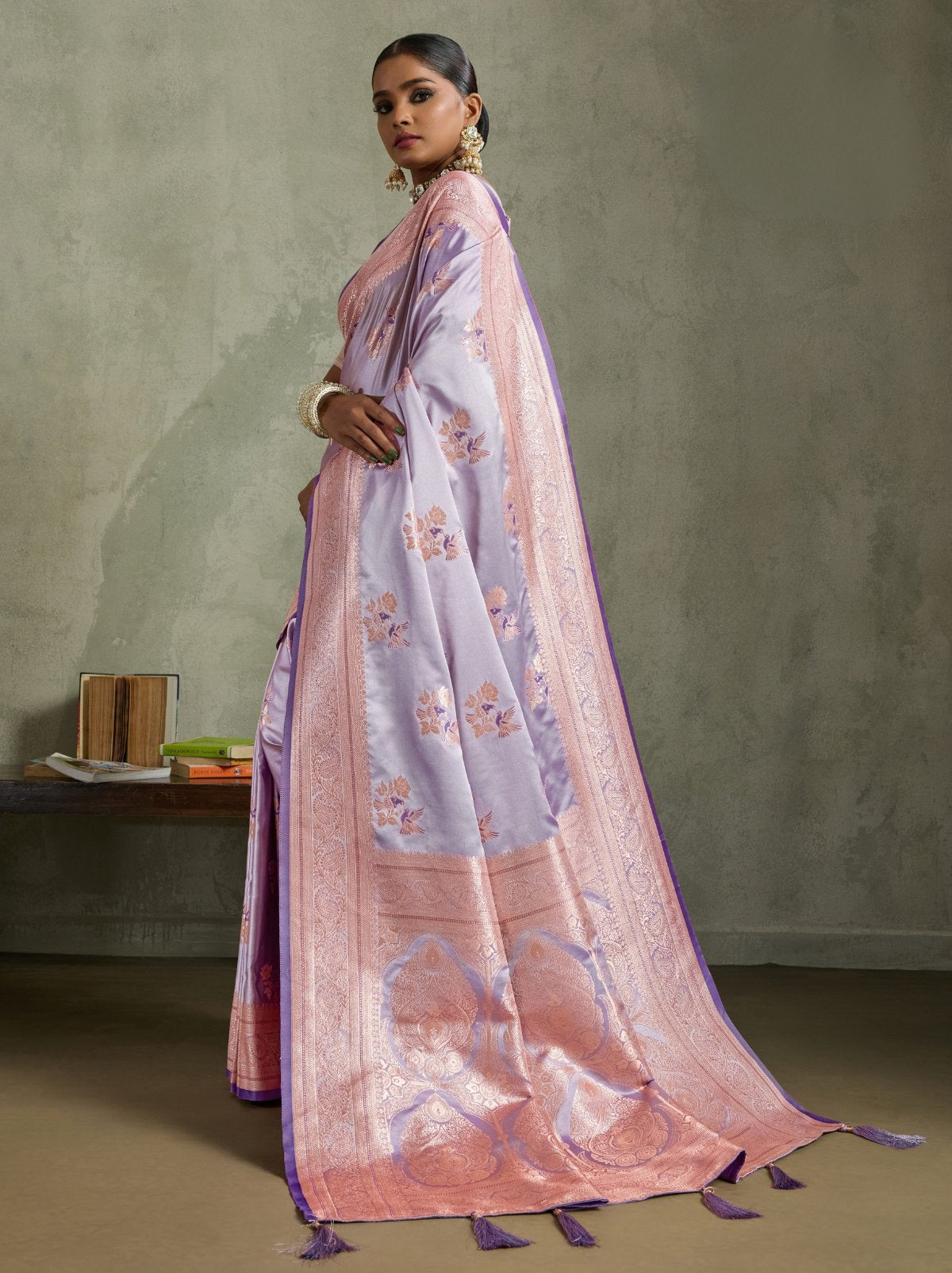 Floral Violet Luxurious Satin Silk Saree With Blouse Piece