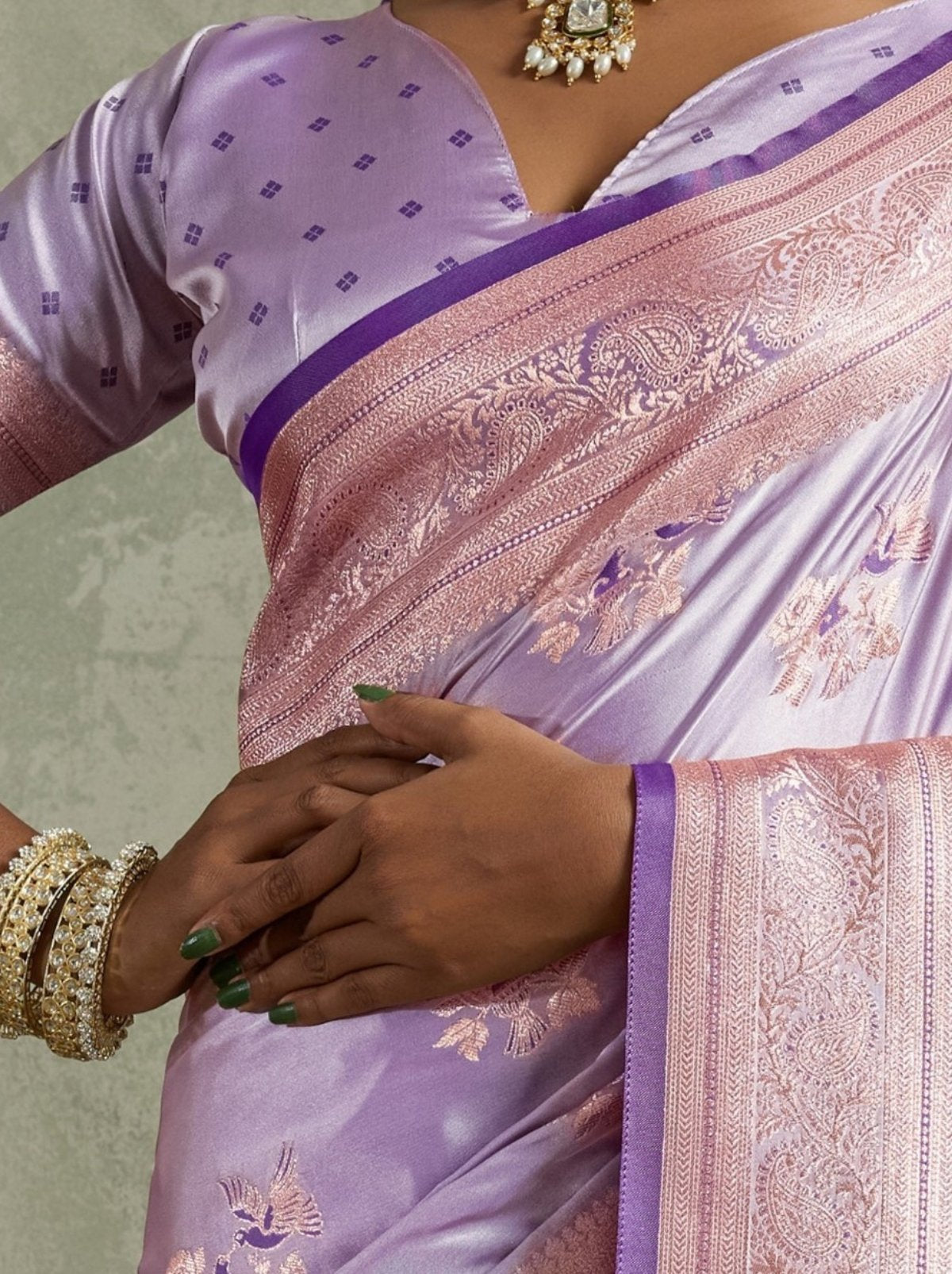 Floral Violet Luxurious Satin Silk Saree With Blouse Piece