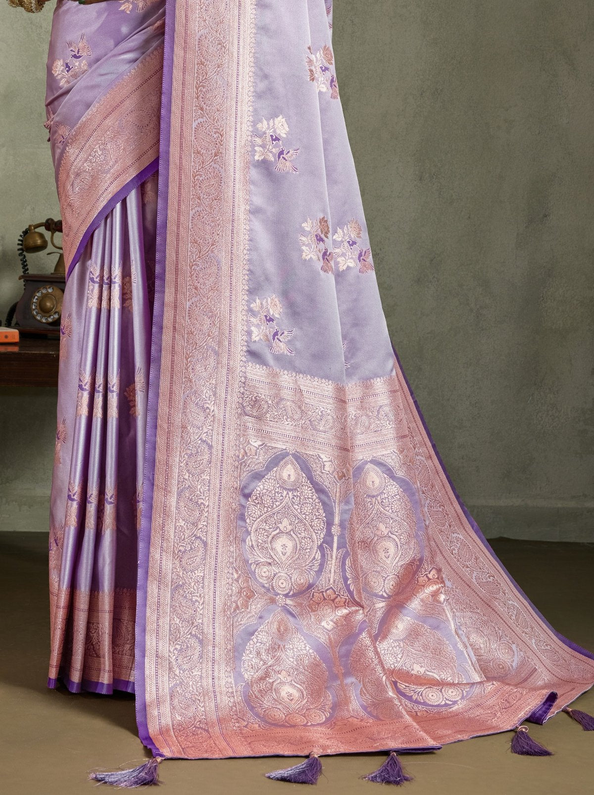 Floral Violet Luxurious Satin Silk Saree With Blouse Piece