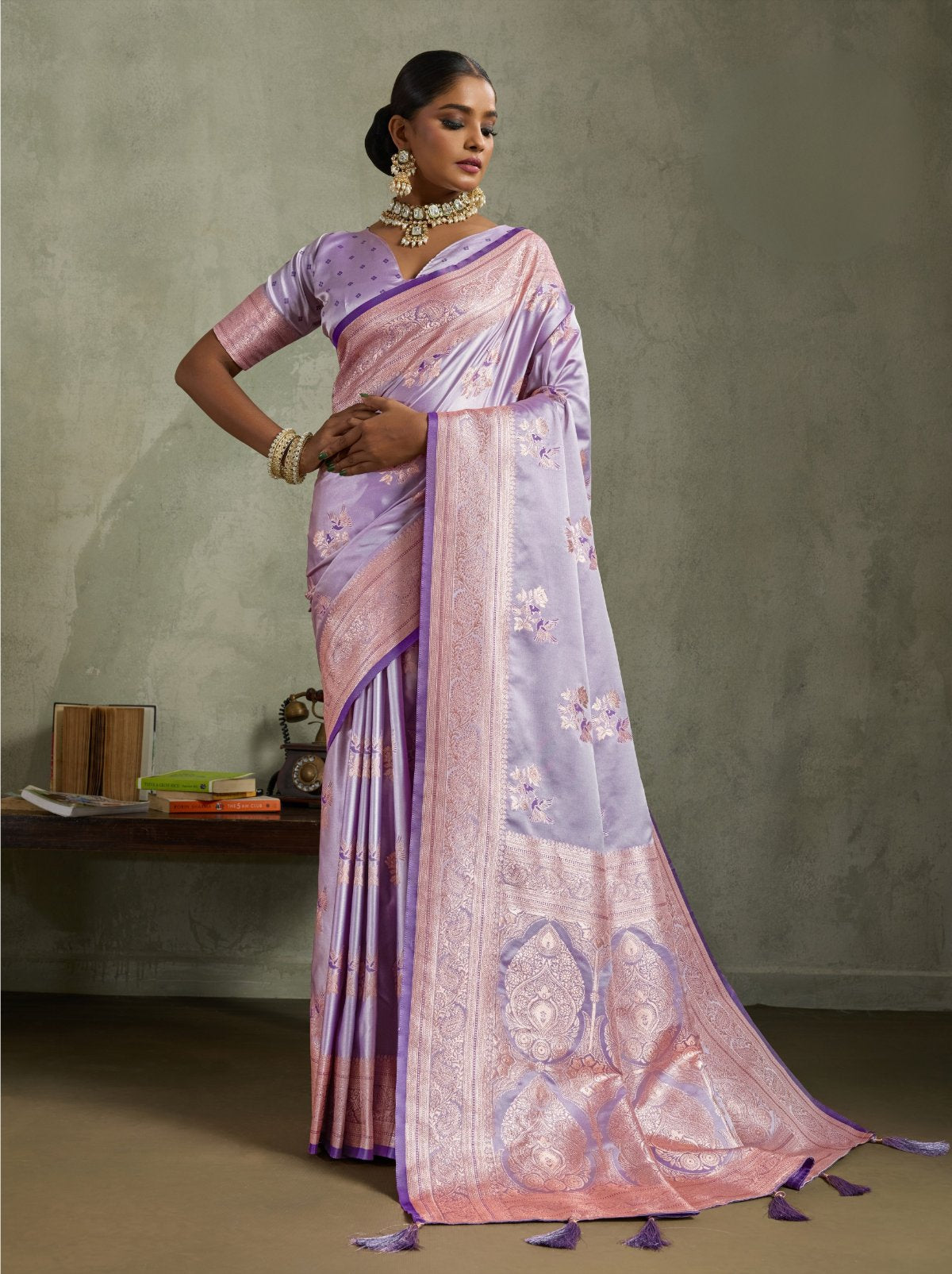 Floral Violet Luxurious Satin Silk Saree With Blouse Piece