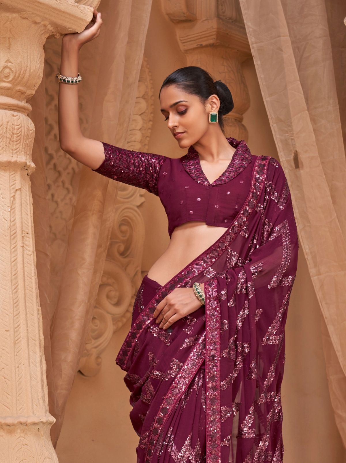 Burgundy Purple Luxury Georgette Silk Saree with Sequin & Thread Work