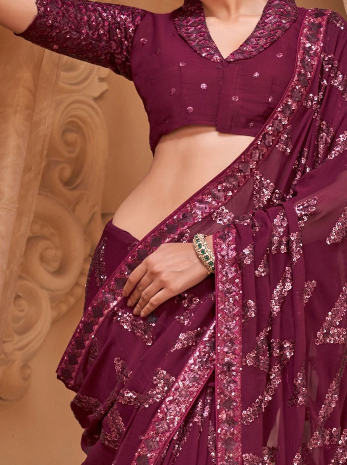 Burgundy Purple Luxury Georgette Silk Saree with Sequin & Thread Work