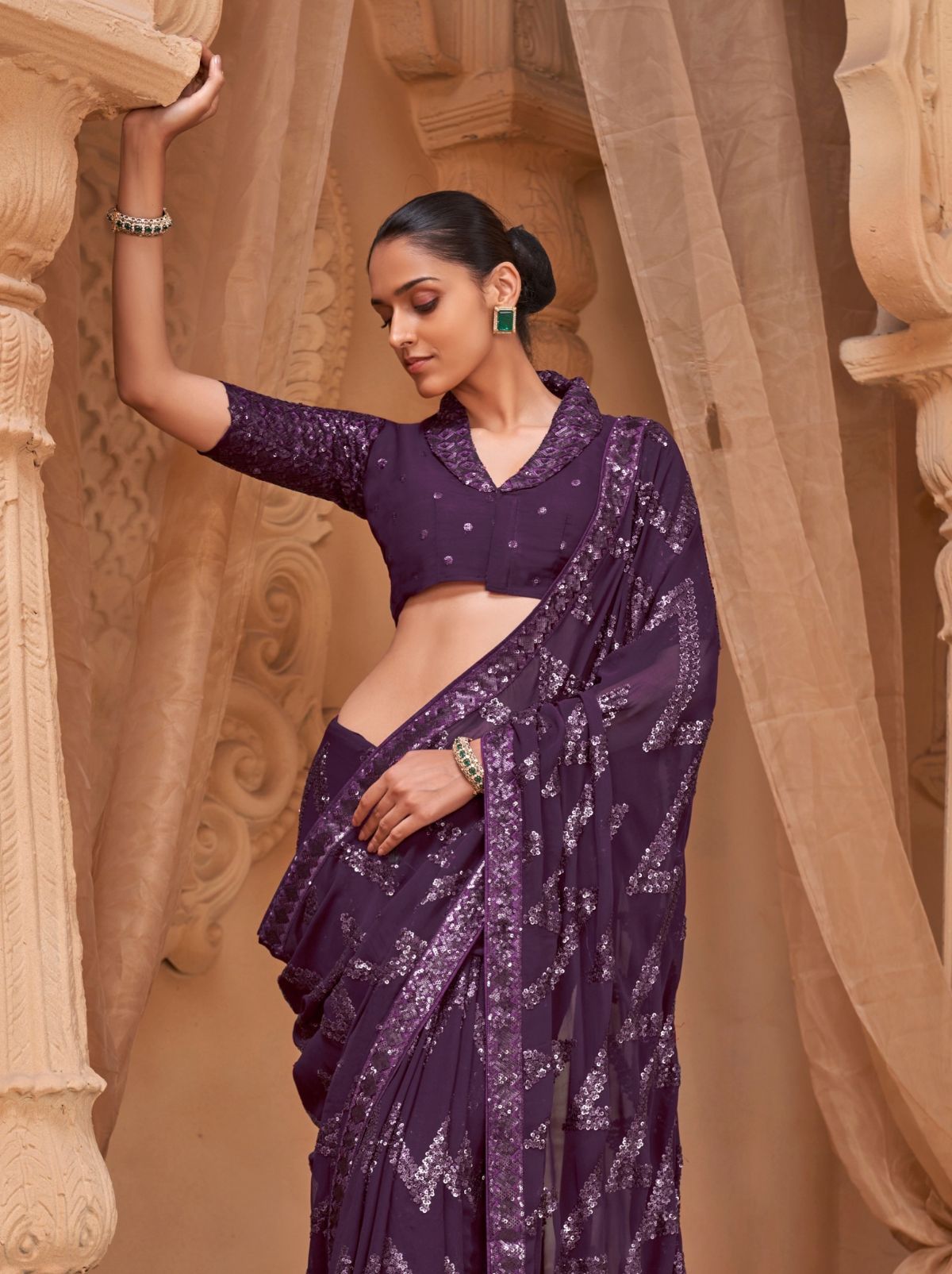 Eggplant Purple Luxury Georgette Silk Saree With Sequin & Thread Work