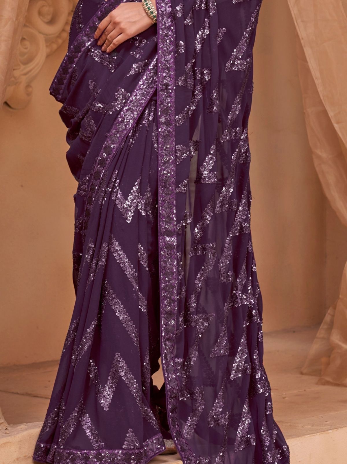 Eggplant Purple Luxury Georgette Silk Saree With Sequin & Thread Work