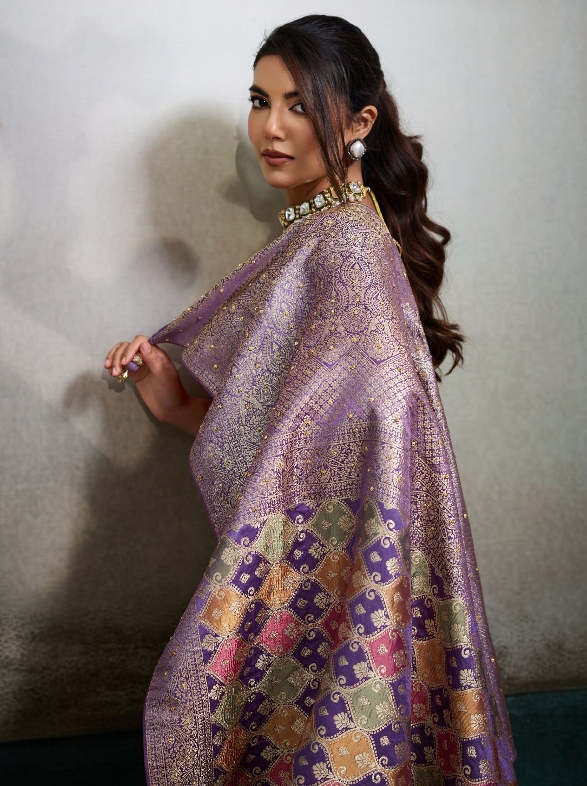 Lilac Purple Luxury Satin Jacquard Saree With Blouse Piece