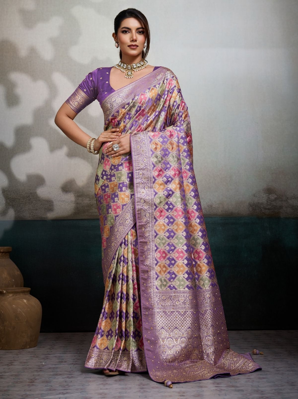 Lilac Purple Luxury Satin Jacquard Saree With Blouse Piece