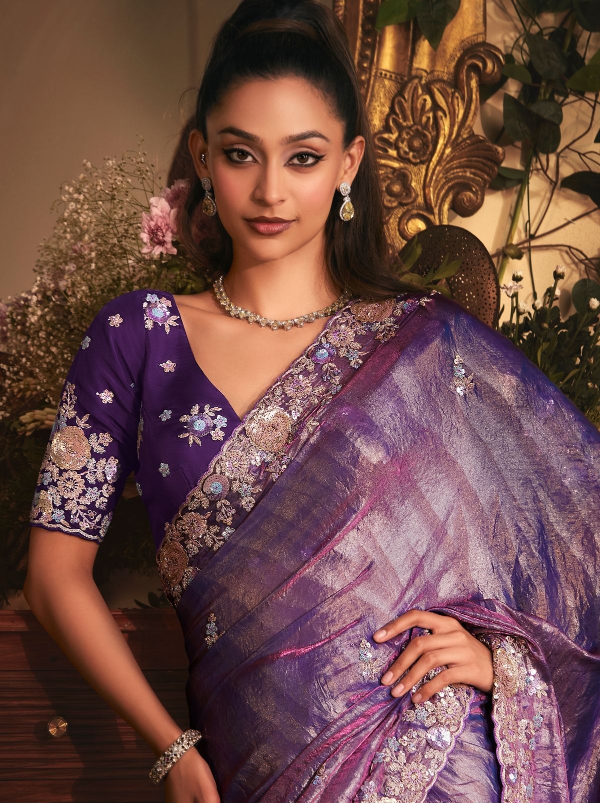 Royal Purple Luxury Tissue Organza Party Wear Saree