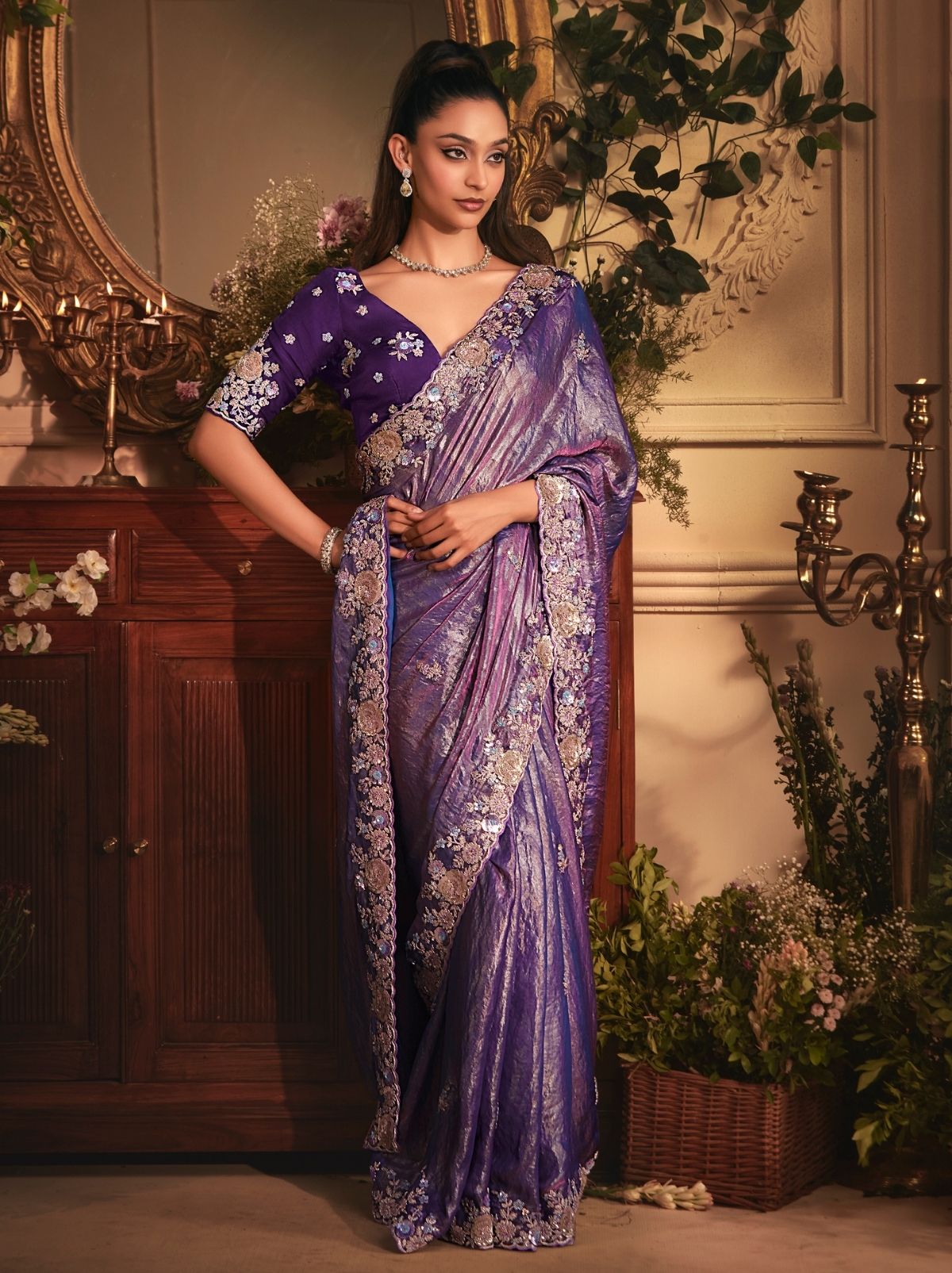 Royal Purple Luxury Tissue Organza Party Wear Saree