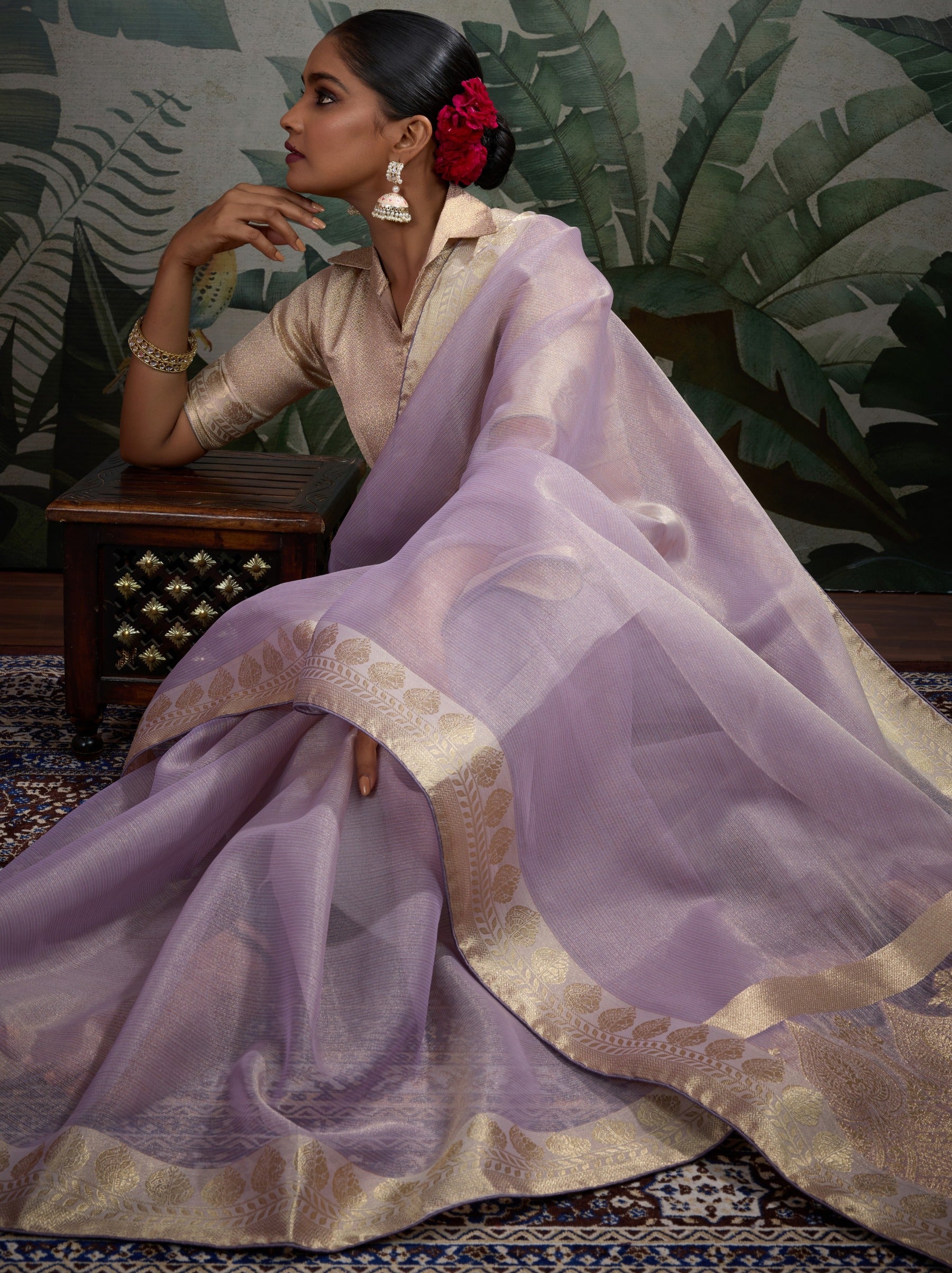 Lavender Purple Fancy Tissue Silk Saree With Blouse Piece
