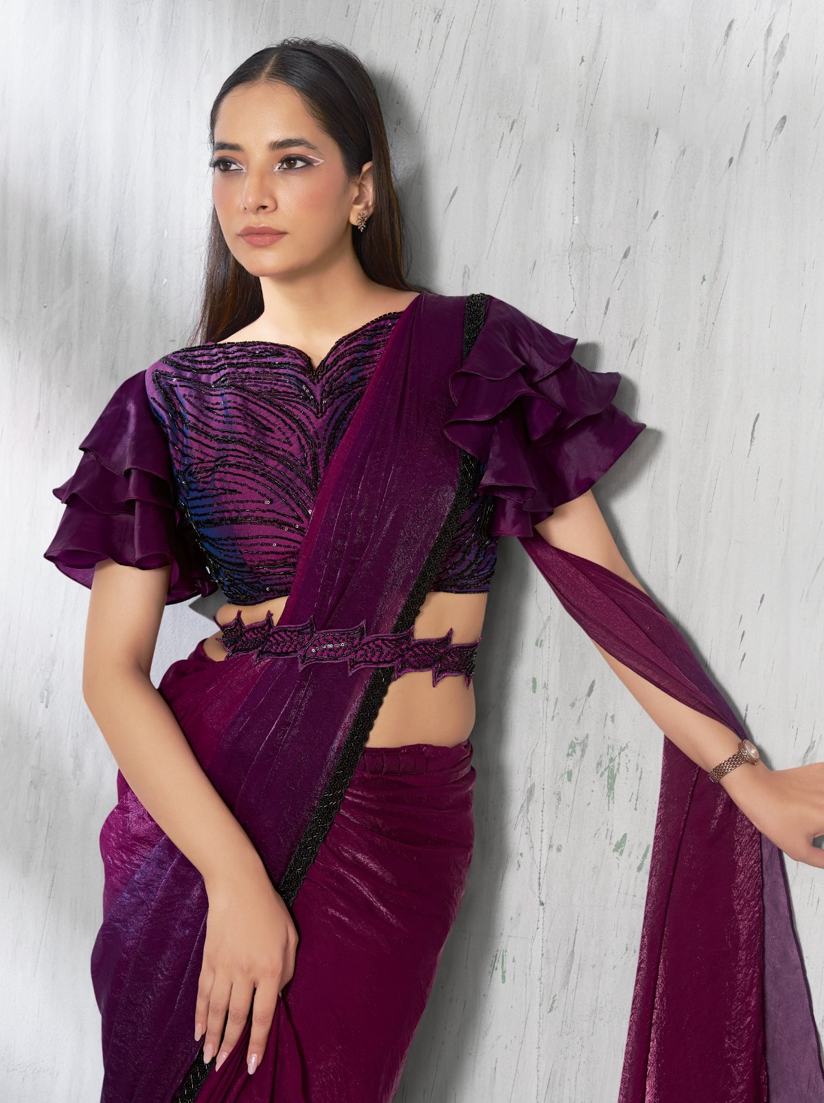 Purple-Pink Dual Tone Ready To Wear Satin Saree With Trendy Blouse